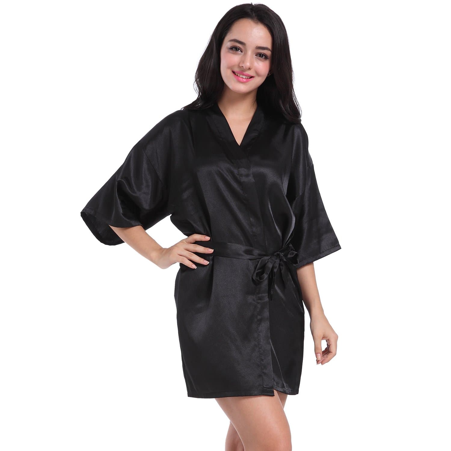 SIMJOY Women's Satin Short Kimono Robe Plain Dressing Gown