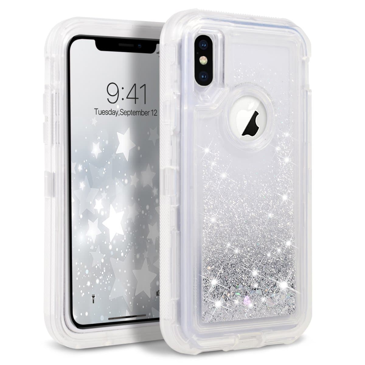 Winhoo Back Cover Case for iPhone X Full Body Rugged Liquid Glitter 3 in 1 Hybrid Hard PC Silicone Shockproof Sparkle Hearts Quicksand Bling Transparent Protection Cover Case - Silver
