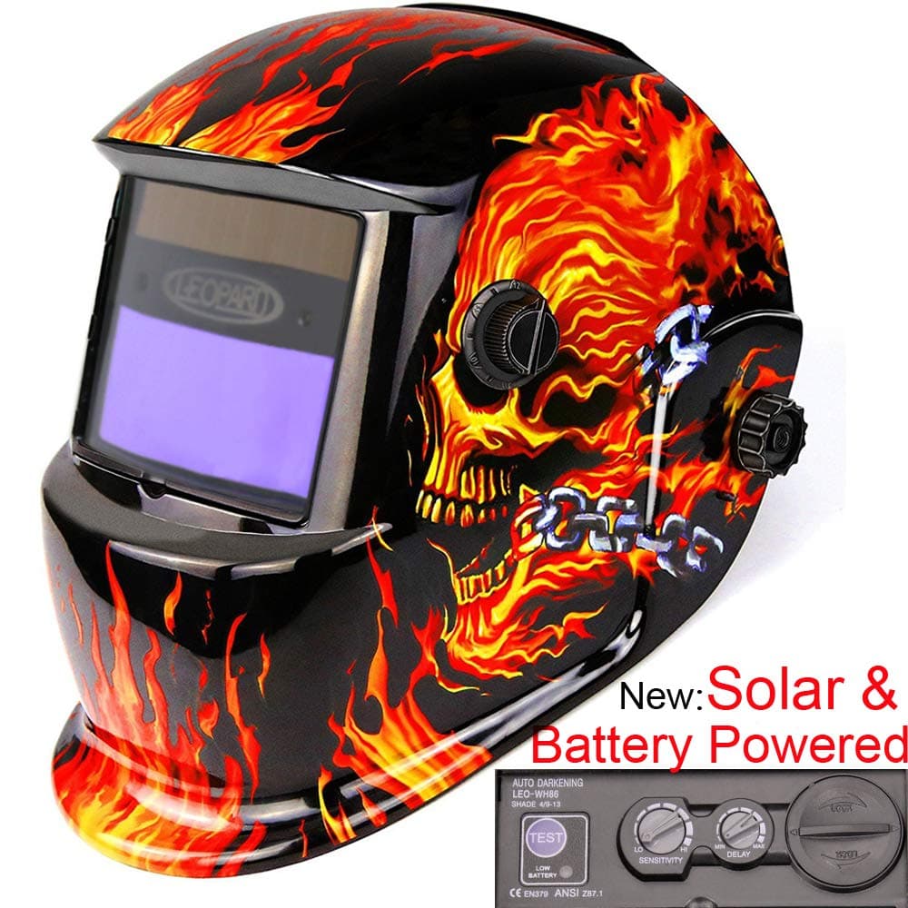 Leopard Large View, Solar & Battery Powered, DIN9~13 Shade, Auto Darking + Grinding Function Welding Helmet {Skull} Safety Gear