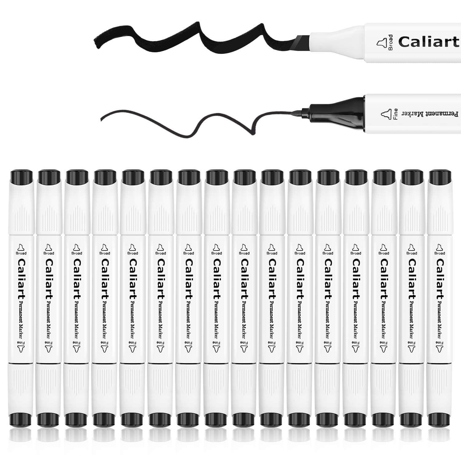 Black Permanent Markers, Caliart 16 Pack Dual Tip Black Permanent Marker Pens, Fine Point & Chisel Tip, Waterproof Markers, Premium Smear Proof Pens, Quick Drying for Doodling, Great Back to School