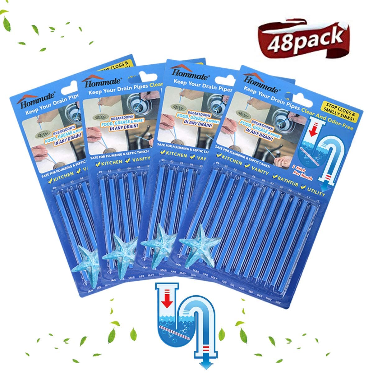 Drain Sticks Drain Cleaner Sticks Drain Deodorizer Sticks for Preventing Clogs Eliminating Smelly Odor Kitchen Bathroom Sink Septic Tank Safe As Seen On TV