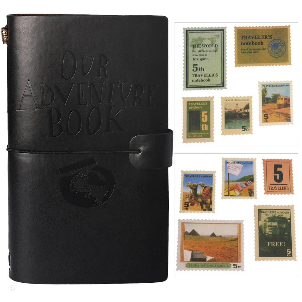 Our Adventure Book Journal Refillable Notebook Leather Notepad Travel Diary Personal Planner with 18 Card Slots and 18 Stamps and 1 Zipper Pocket (Black)