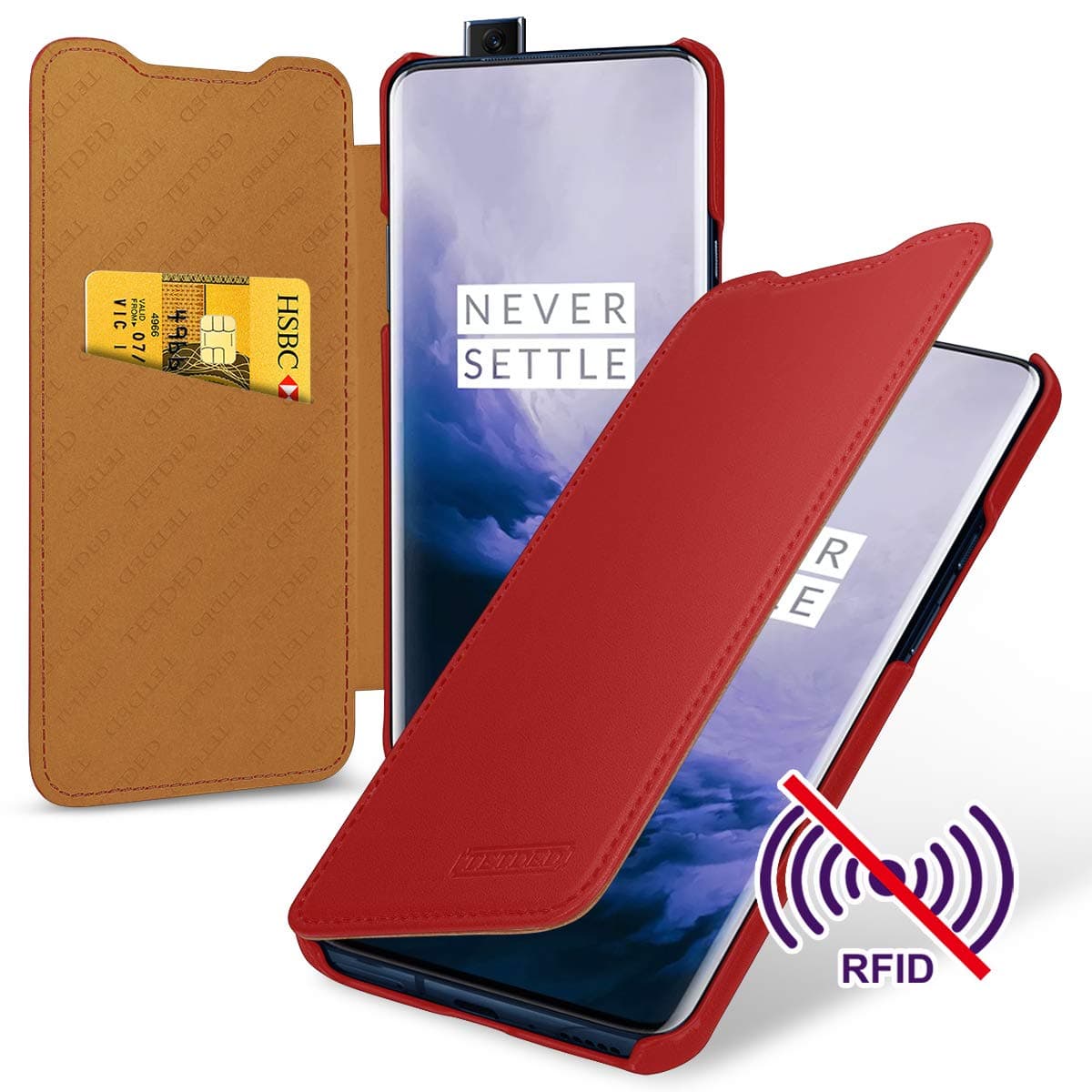 TETDED Genuine Leather Case for OnePlus 7 Pro, Book Type with Card Slot and RFID Blocking Function, Dijon VIII (Nappa Red)