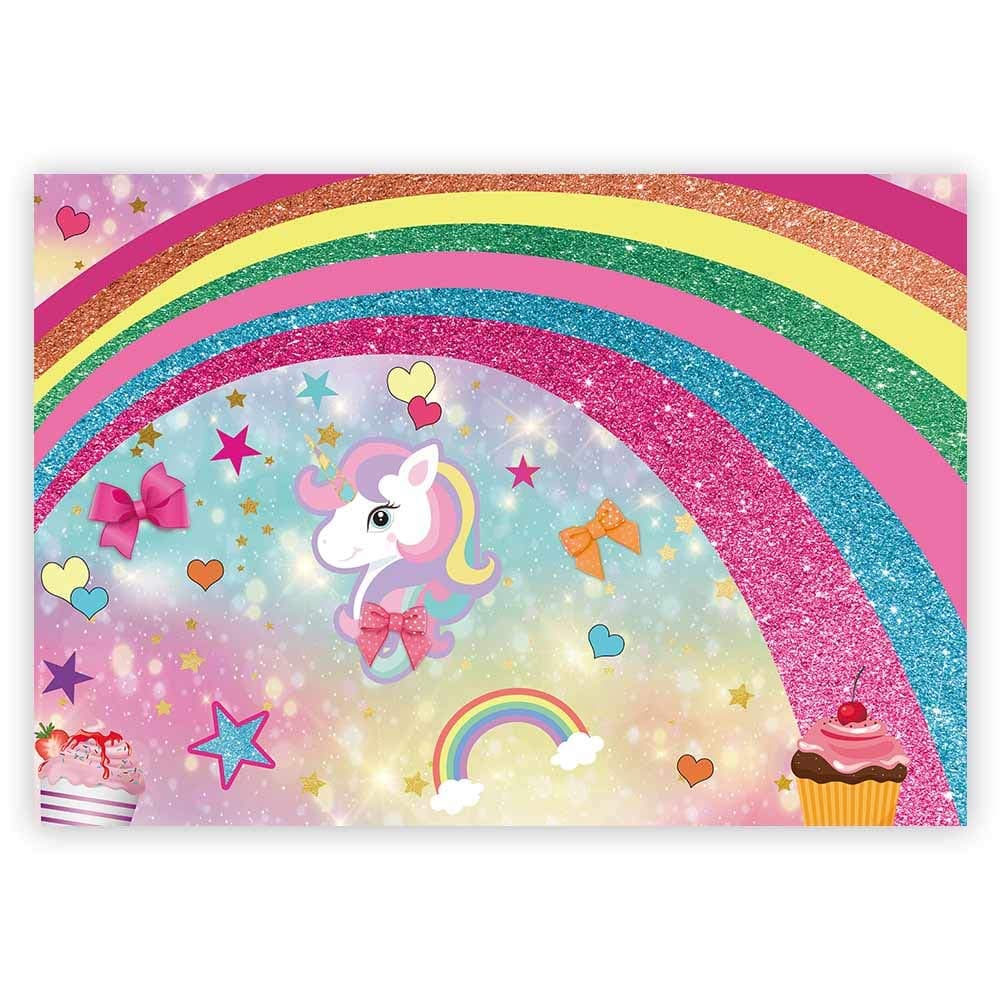 Funnytree 7x5ft Magic Unicorn Theme Party Backdrop Rainbow Bokeh Glitter Princess Girl Baby Shower Birthday Photography Background Cartoon Little Star Bowknot Cake Table Decoration Banner Photo Booth