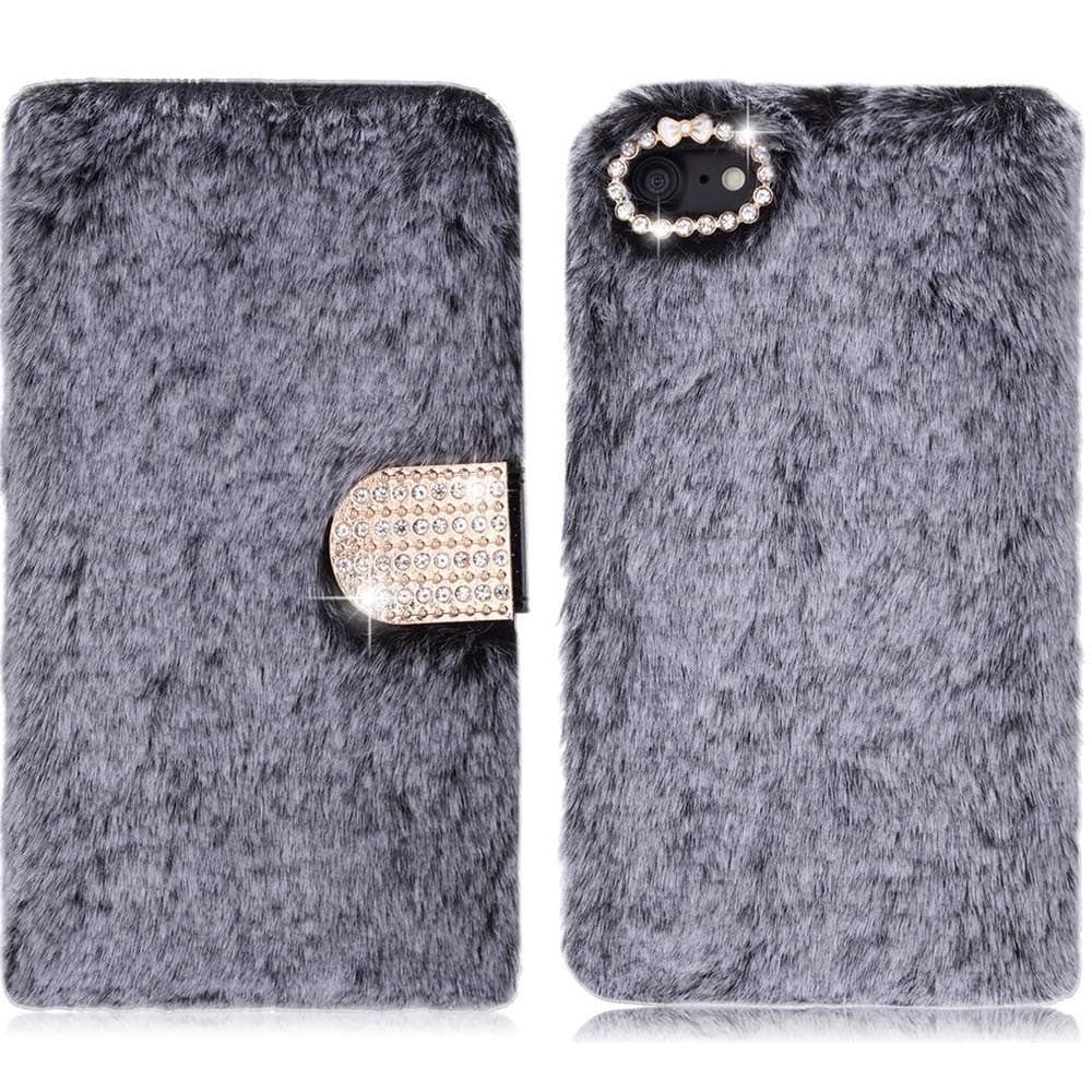 LAPOPNUT for iPhone 6 Case iPhone 6S Case Faux Fur Flip Case Super Soft Cover Cute Fluffy Furry Folio Shockproof Cover with Chic Bowknot Bling Crystal Diamond (Grey)