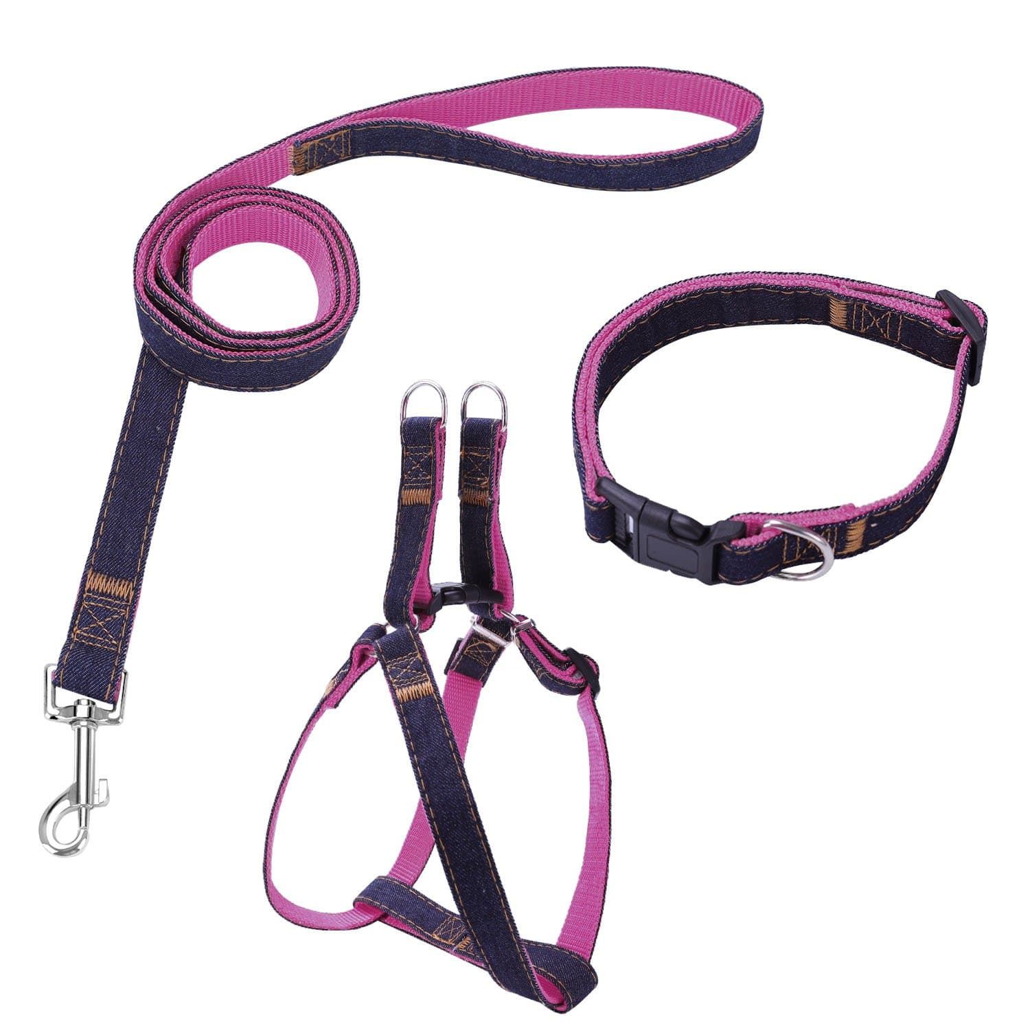 Bark Lover Dog Harness Leash and Collar Matching Sets for Small Puppy Medium Large Dogs Pets, Heavy Duty Nylon with Denim Design, Perfect Accessories for Walking Training Your Dog(S,Pink)