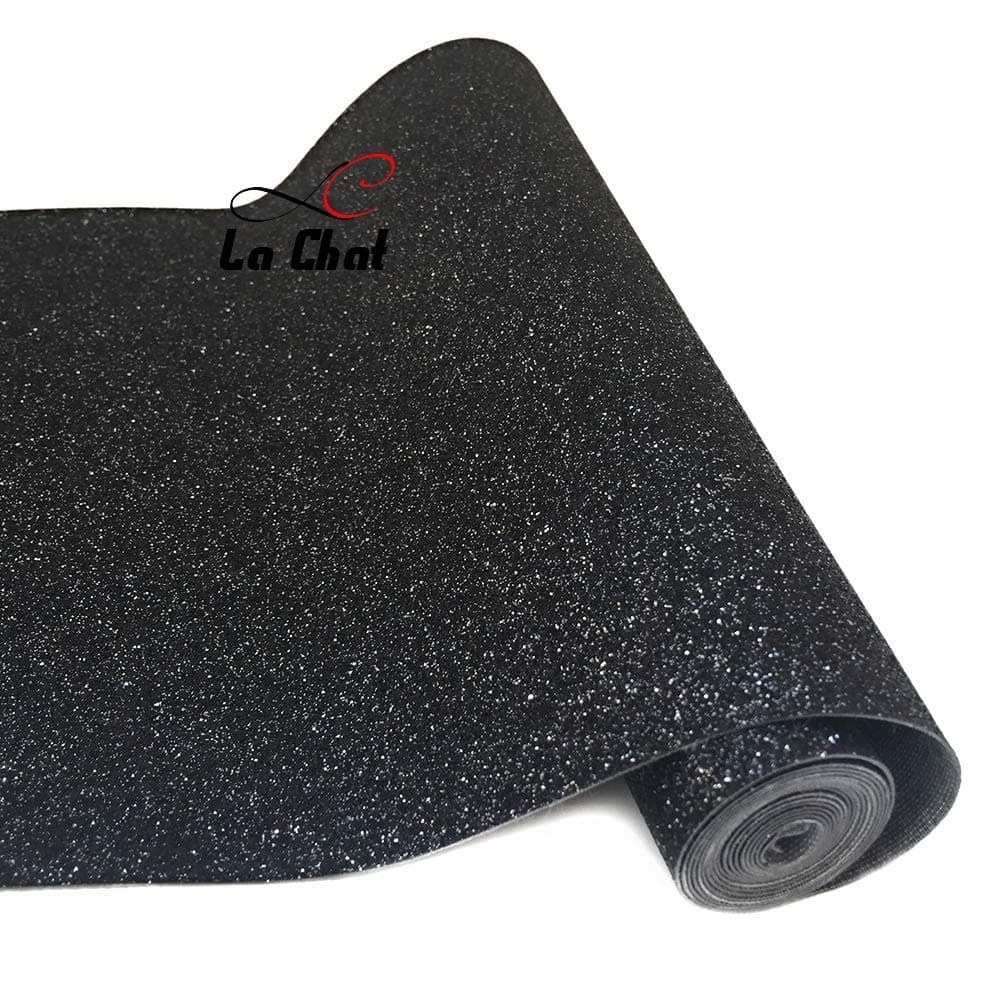 La Chat 8” x 53” (21cm x 135cm) Roll Sparkly Superfine Glitter Vinyl Fabric Fine Glitter PU Leather Canvas Back Material for Shoes Bag Sewing Patchwork DIY Bow Craft Applique(Black with Silver)