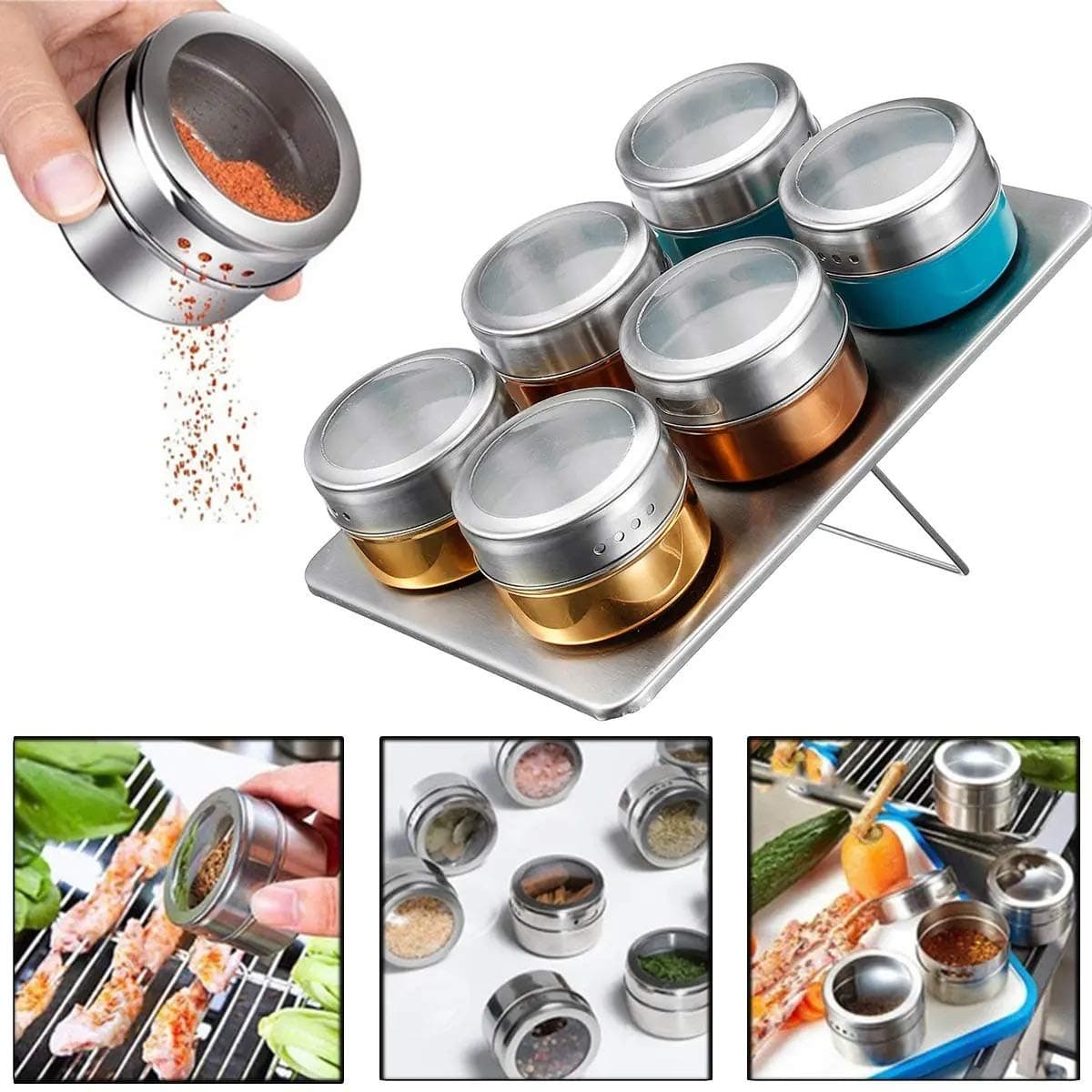SenQing 6Pcs Magnetic Spice Jar Jar Kitchen Shelf Storage Stainless Steel Rack Hardware Accessories