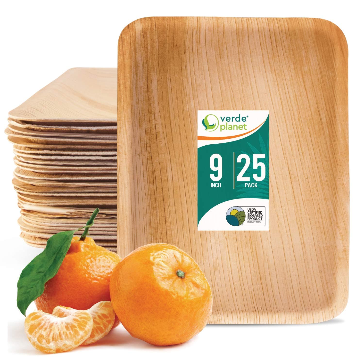 Verde Planet - Palm Leaf Plates - Ecological, Premium, & Disposable - Solid, Stylish Dinnerware for Spring, Weddings, Thanksgiving, and Other Events - Pack of 25, 9", Rectangle Flat