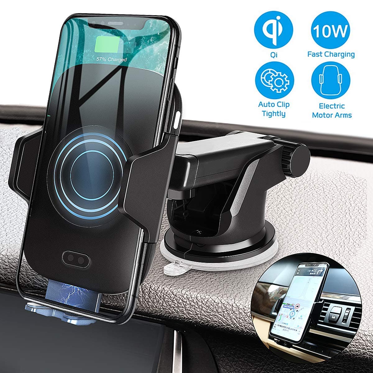 Wireless Car Charger Mount,Vikano Automatic 10w Qi Fast Charging Car Phone Holder Air Vent&Dashboard Compatible with iPhone Xs/Xs Max/XR/X / 8/8 Plus, Samsung Galaxy Note 9/ S9/ S9+/ S8/ S8+ (Black)