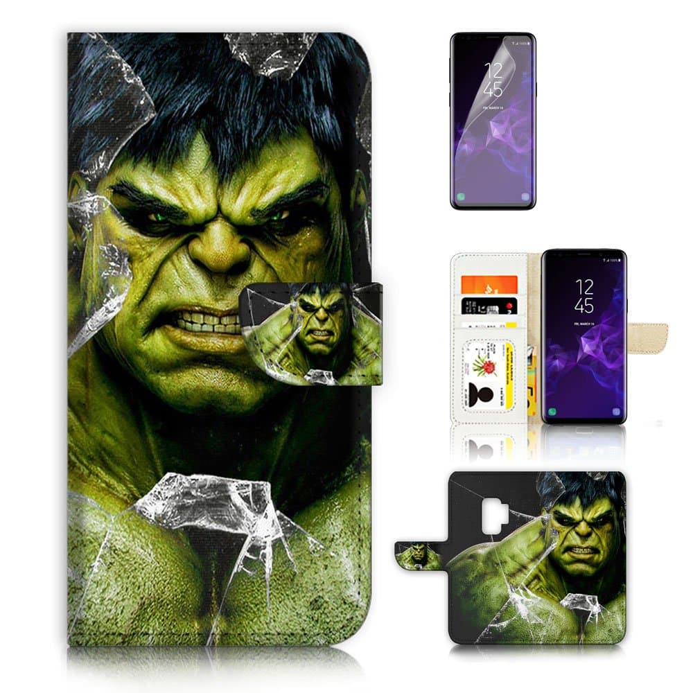 (For Samsung Galaxy S9) Flip Wallet Case Cover & Screen Protector Bundle - A4065 Super Hero Hulk