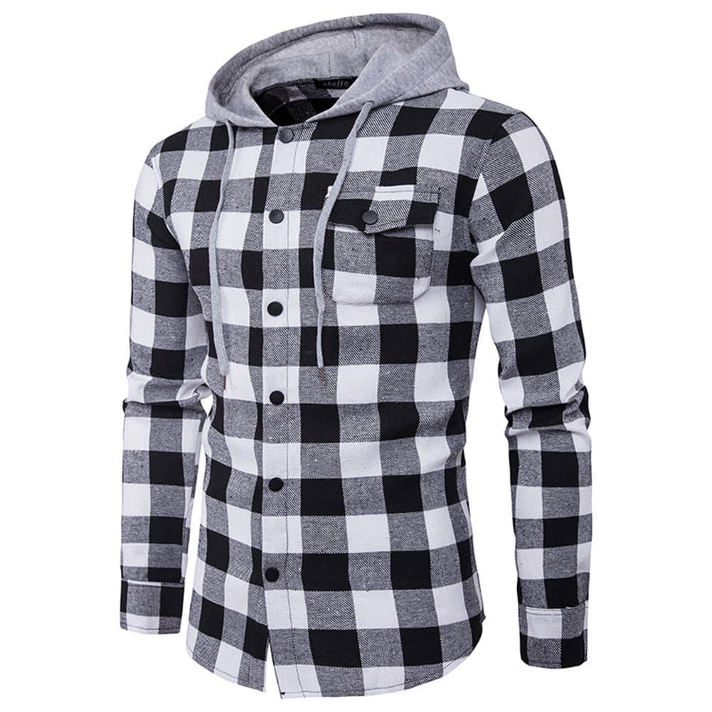 Kalanman Men's Classic Plaid Checkered Long Sleeve Button Down Shirt Hoodie