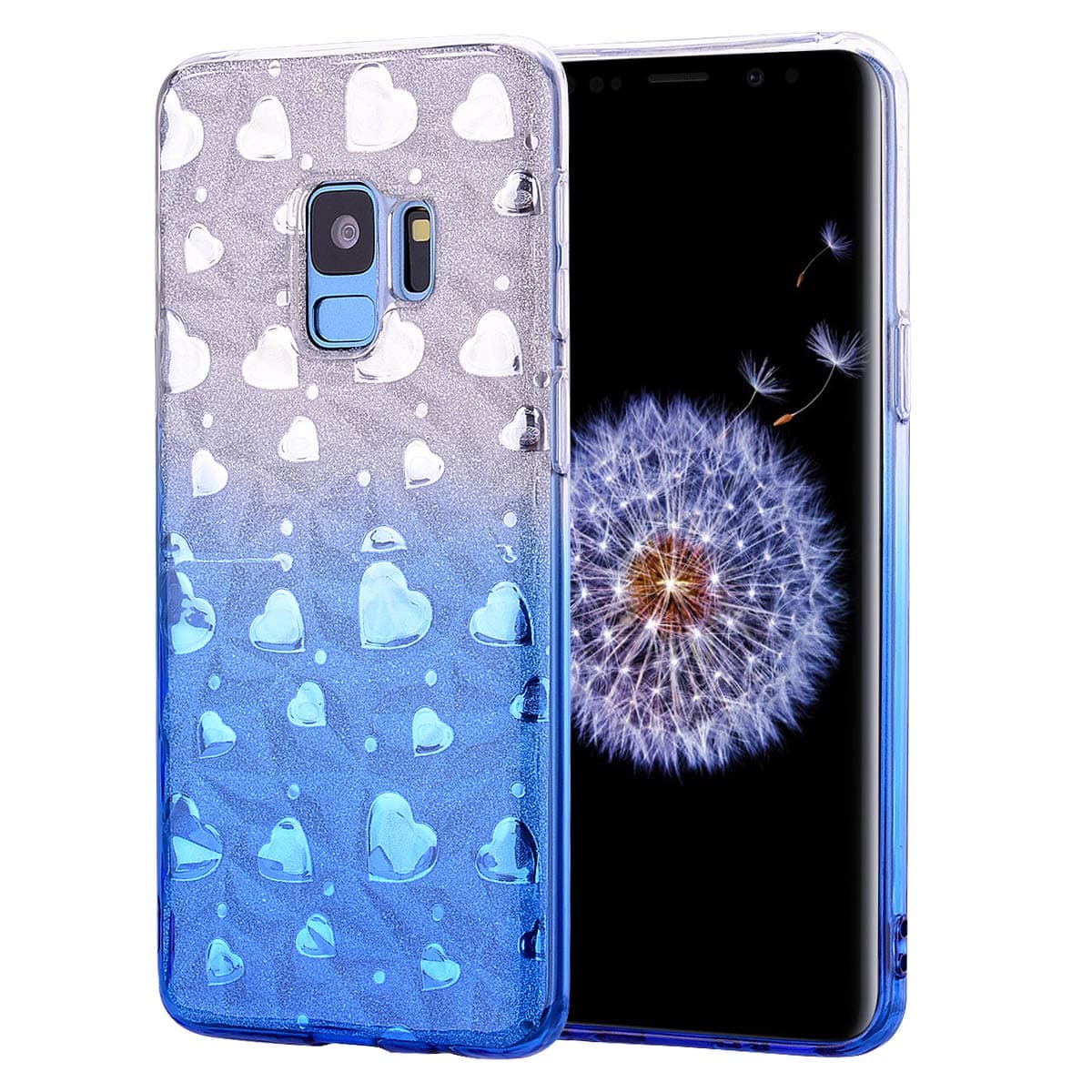 WIWJ Samsung Galaxy S9 Plus Clear Case Soft TPU Silicone Bumper Phone Cover Glitter Diamond Grain with Love Heart Case For Girl Ladies Women Shockproof Case Cover for Samsung Galaxy S9 Plus-Blue