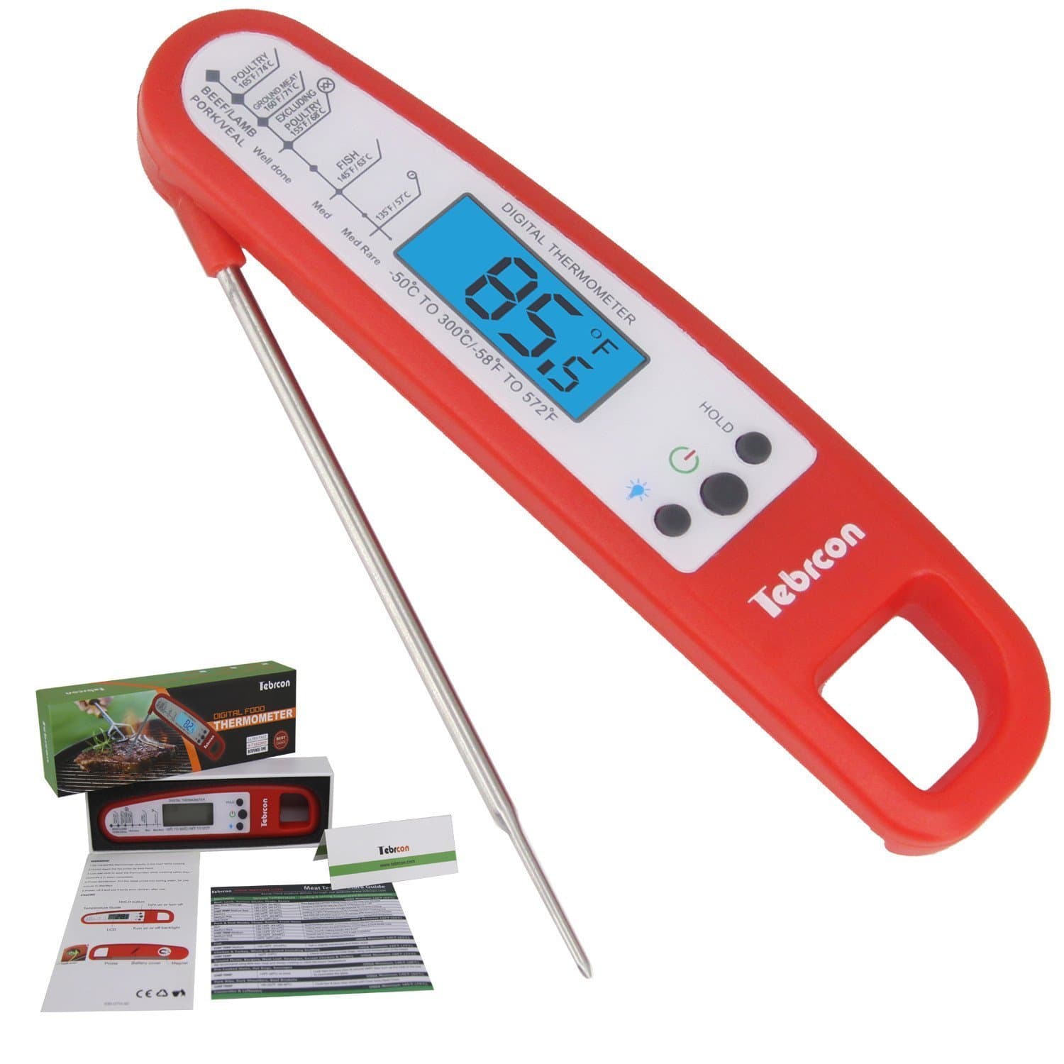 Grilling Thermometer - Instant Read Barbeque Thermometer - BBQ Thermometer with Long Probe, Magnet & Backlit for Cooking,Grill,Food,Steak,Milk,Meat,Water and Baking (by Tebrcon)