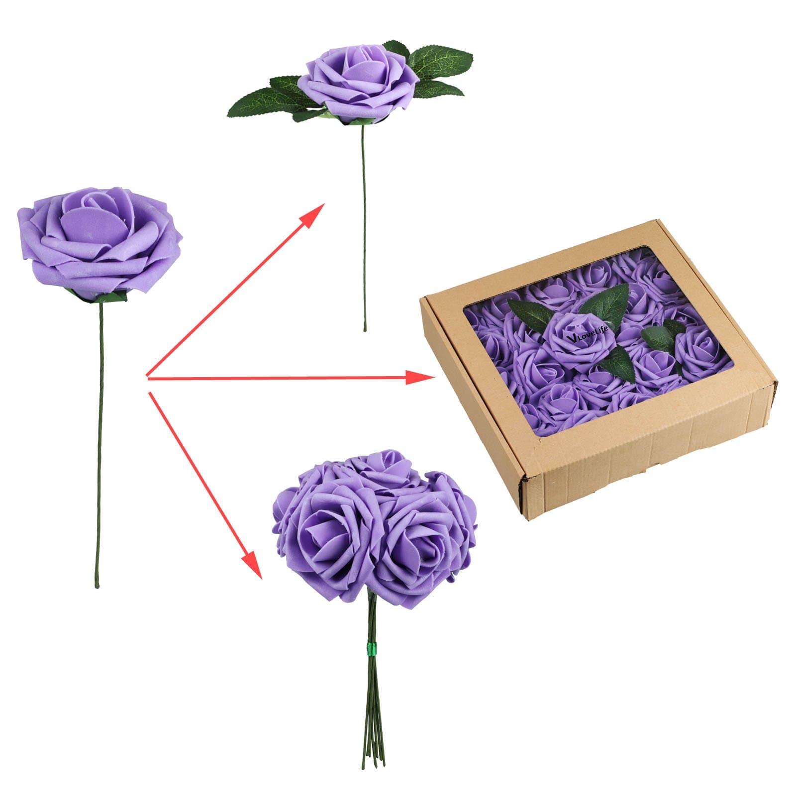 JunMu 25pcs Lavender Real Looking Fake Roses Artificial Real Touch Roses Flowers With Stems & Leaves for DIY Wedding Bouquets Centerpieces Birthday Party Decor