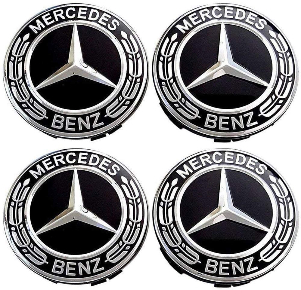 Iggy 4x wheel hub caps with compatible logo, 75 mm for alloy wheel rims, Class A B C E CLA CLK