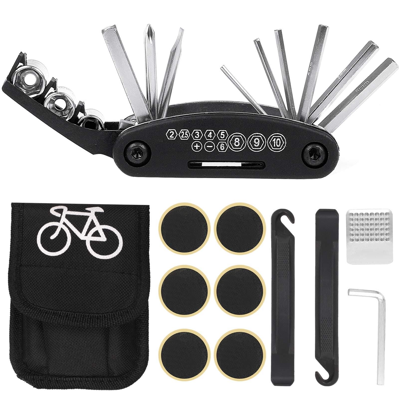 Camelize Bike Tool Kit,16 in 1 Multi-Function Bicycle Repair Tool kit with Puncture Repair Kit, Tire Lever,Tire Rods,Metal Tire Rasp Safety Emergency All In One Storage Bag