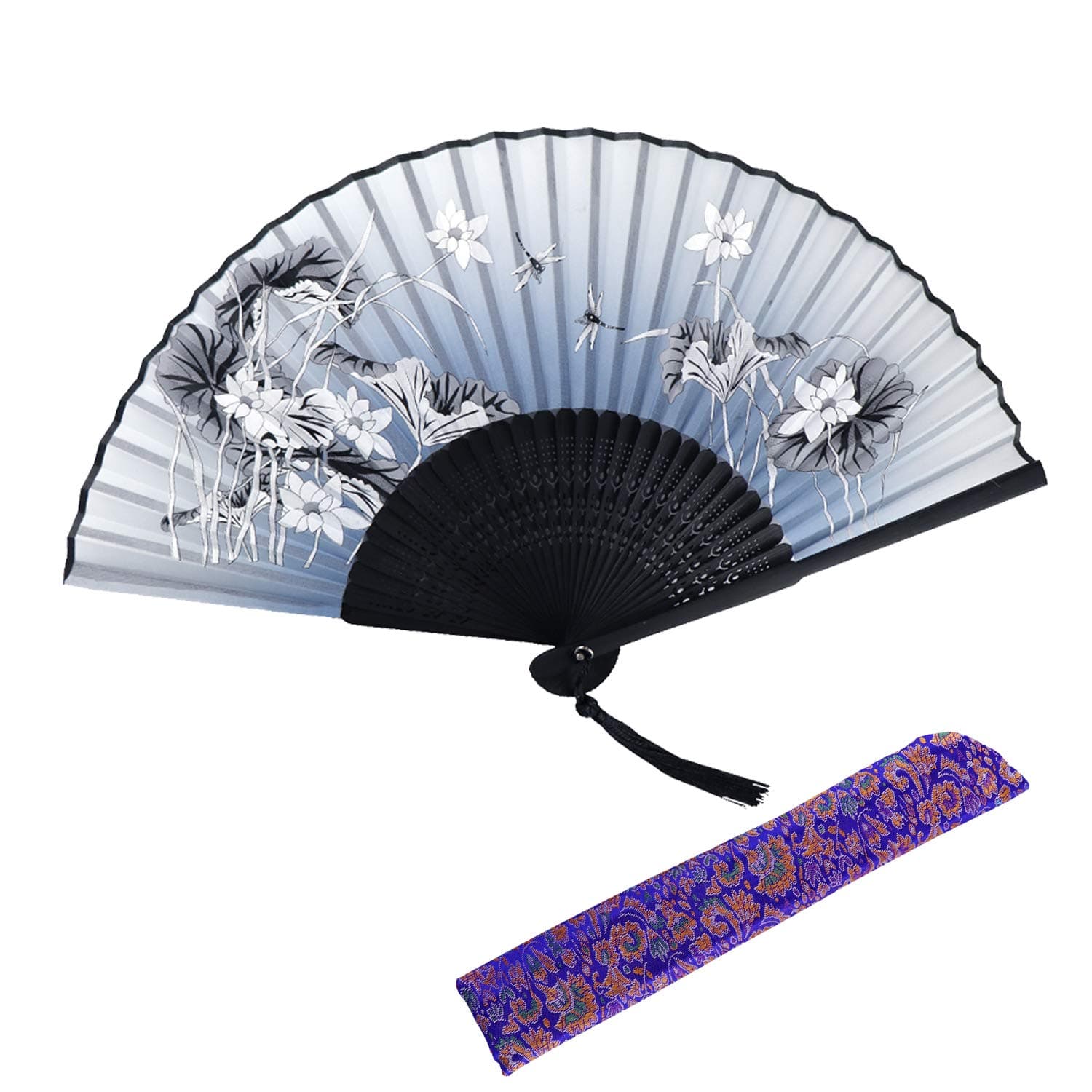 SPG Hand Folding Fan Elegant Modern Held Fan Dance Fan with Bamboo Frame Hand-Crafted Japanese/Chinese Vintage Style for Women (Blue/Purple)