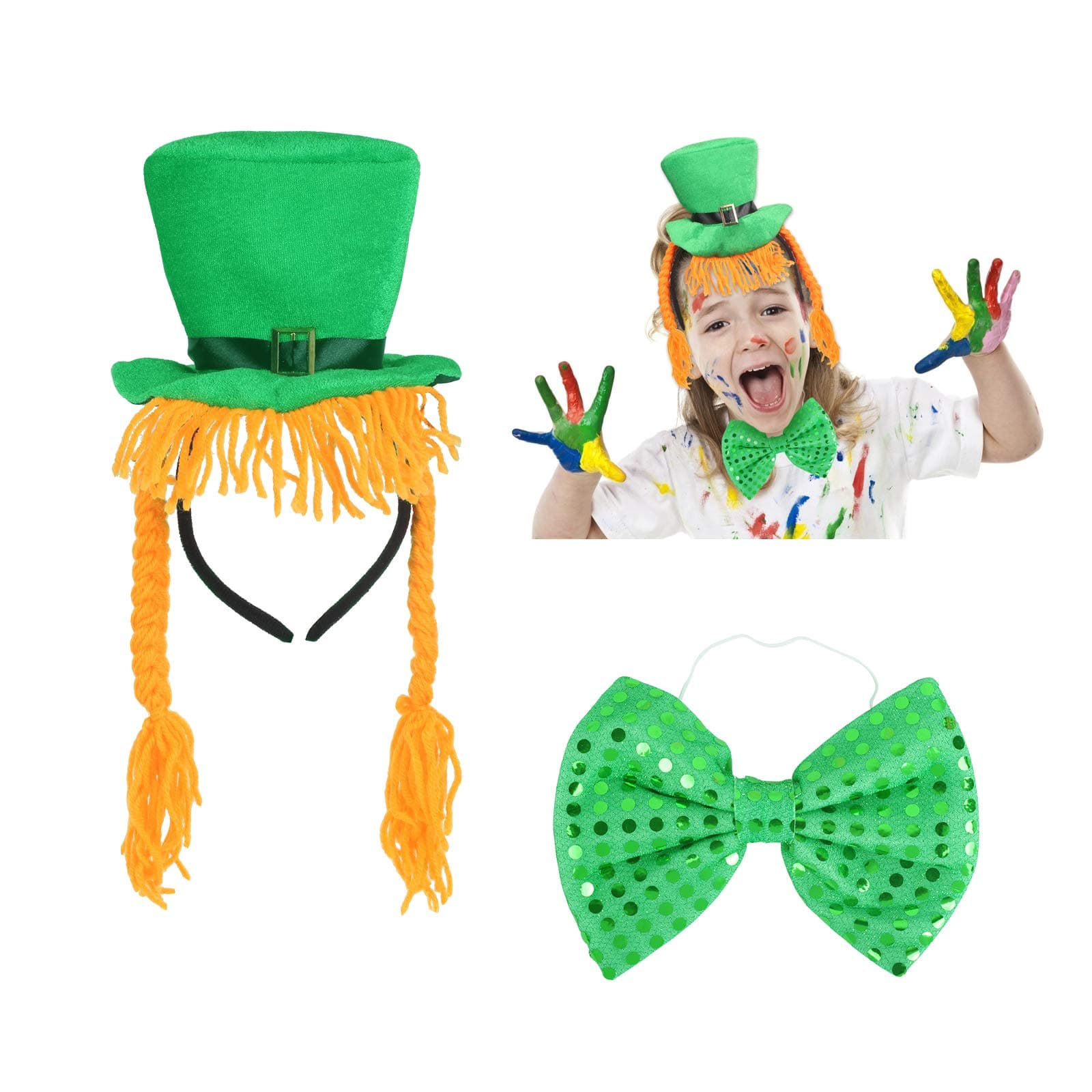 SEELOK St. Patrick's Day Accessory Decoration, St. Patrick's Day Headband with Orange Hair Braid and Bow for Costume Fancy Dress Party Irish Day Themed Ireland Party Supplies