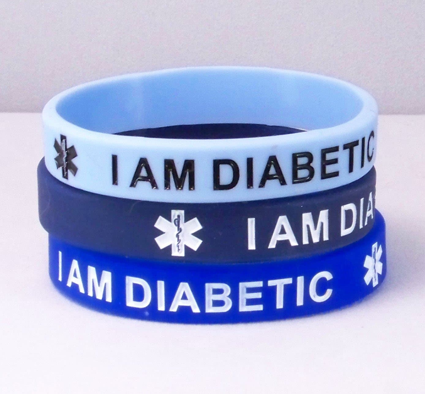 Silicone Diabetic ID Bracelet 3 Pack, Blues