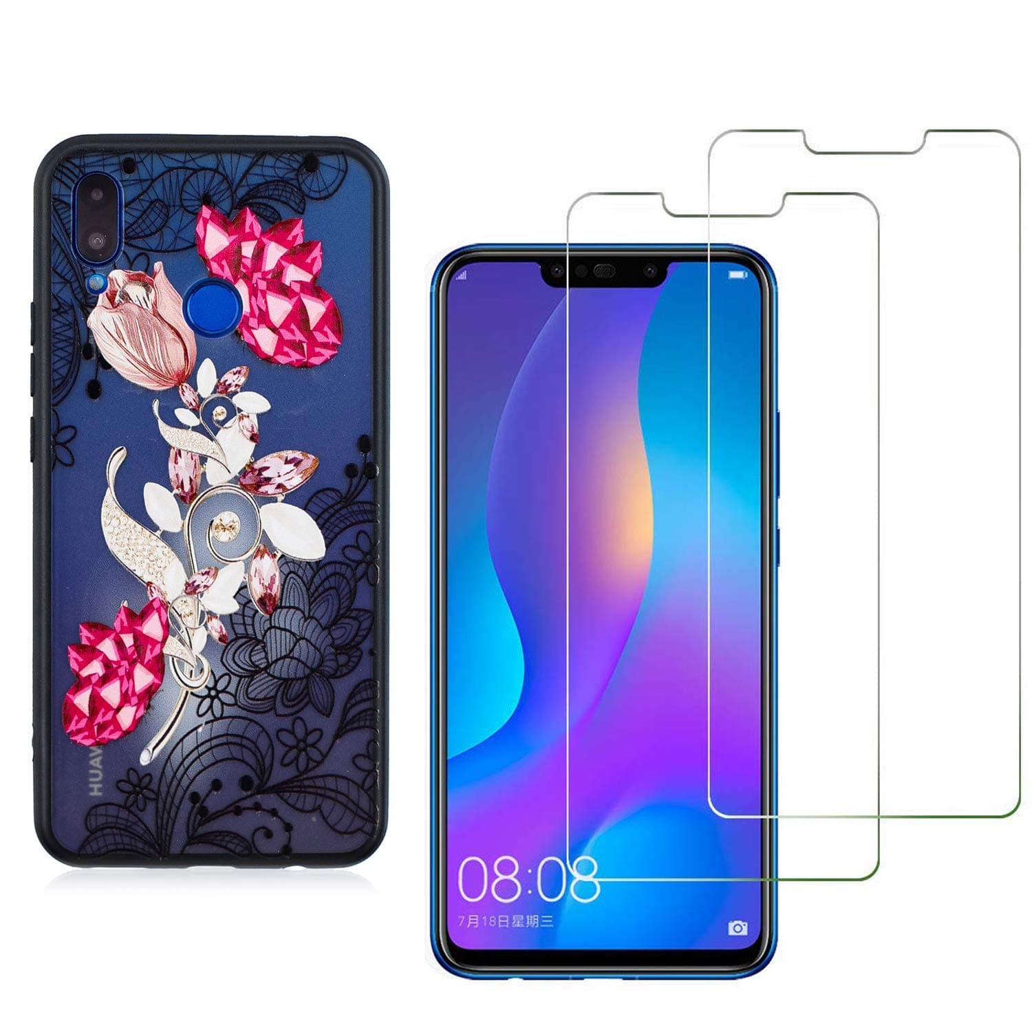YKTO Screen Protector + Case for Huawei P Smart Plus/Huawei Nova 3i 2018 6.3 inch Premium Shockproof Ultra Fit Back Cover 3D Relief Printing Pattern Shell and 2 Tempered Glass Crystal flower