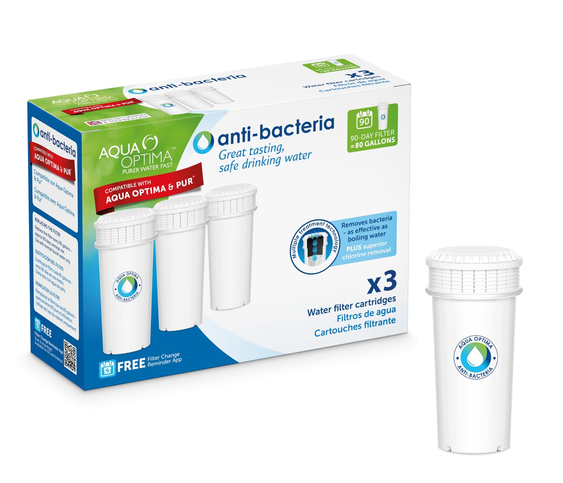Aqua Optima Anti-bacteria Water Filter 3 pack - as effective as boiling water