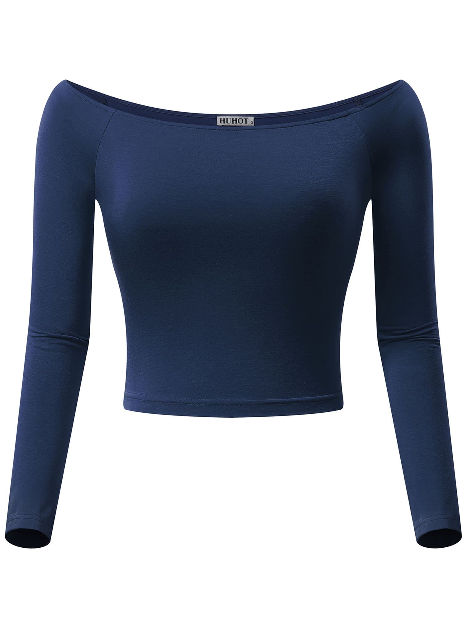 HUHOT Womens Basic Off-Shoulder Long Sleeve Cami Crop Top Fitted Shirt