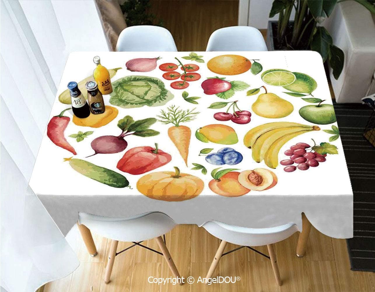 AngelDOU Rectangle Printed Waterproof Tablecloth Fruit and Vegetables Vintage Style Kitchenware Cafe Home Design Watercolor Art for Home Kitchen Dining Room Picnic Party,W55xL82(inch)