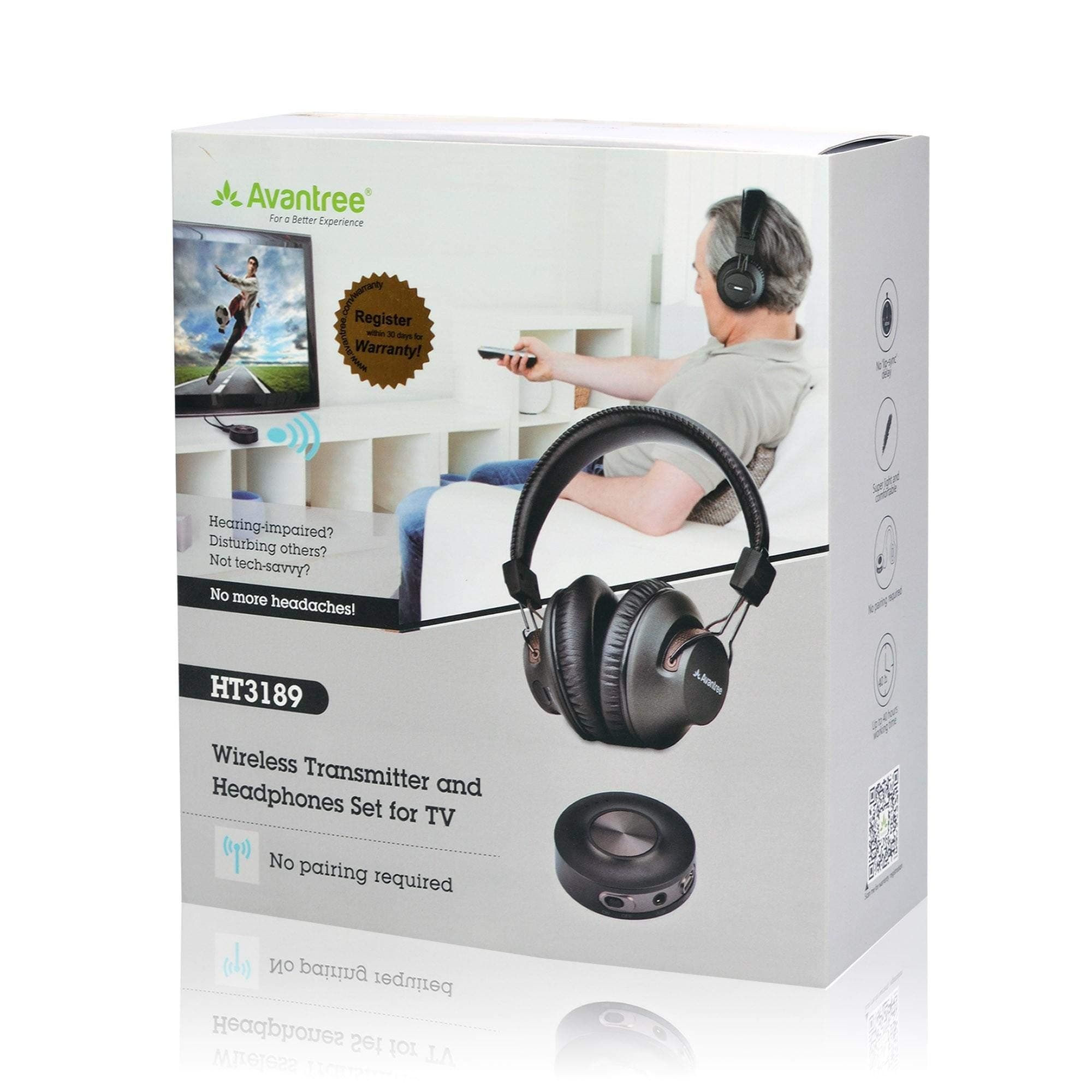 Avantree HT3189 APTX Low Latency Wireless Solution Set for Watching TV, Bluetooth Headphone + Transmitter Set.