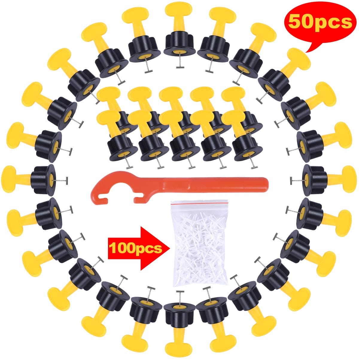 Tile Leveling System Kit with 50pcs Reusable Tile Leveler Spacers and Special Wrench Construction Tools for Building Wall and Floor