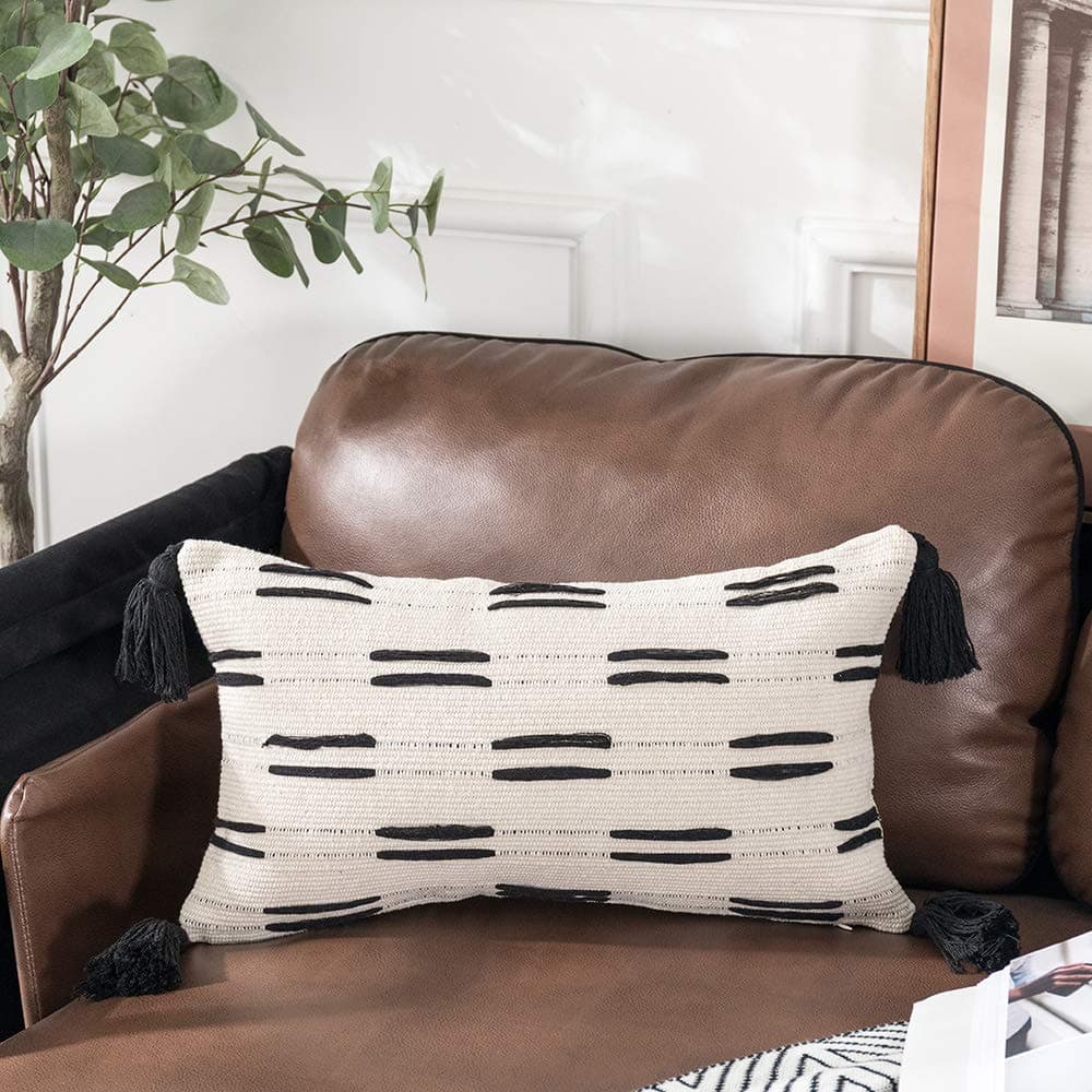 Tiffasea Black and White Lumbar Throw Pillow Covers, Decorative Neutral Cream Pillow Cases Boho Tufted Tassels Cushion Cover Farmhouse Decor for Bedroom Living Room, 12x20 Inch