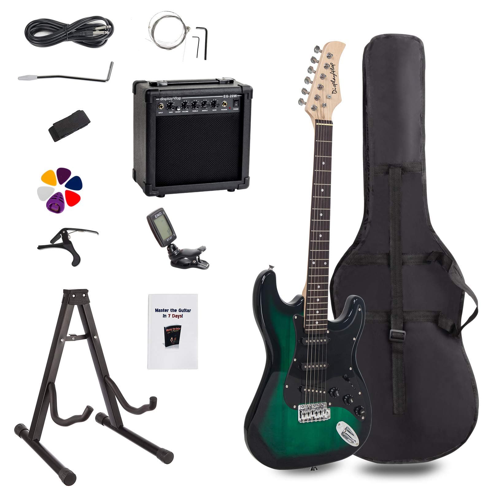 Display4top Full-Size Electric Guitar Most complete Beginner Super Kit Package(Green)