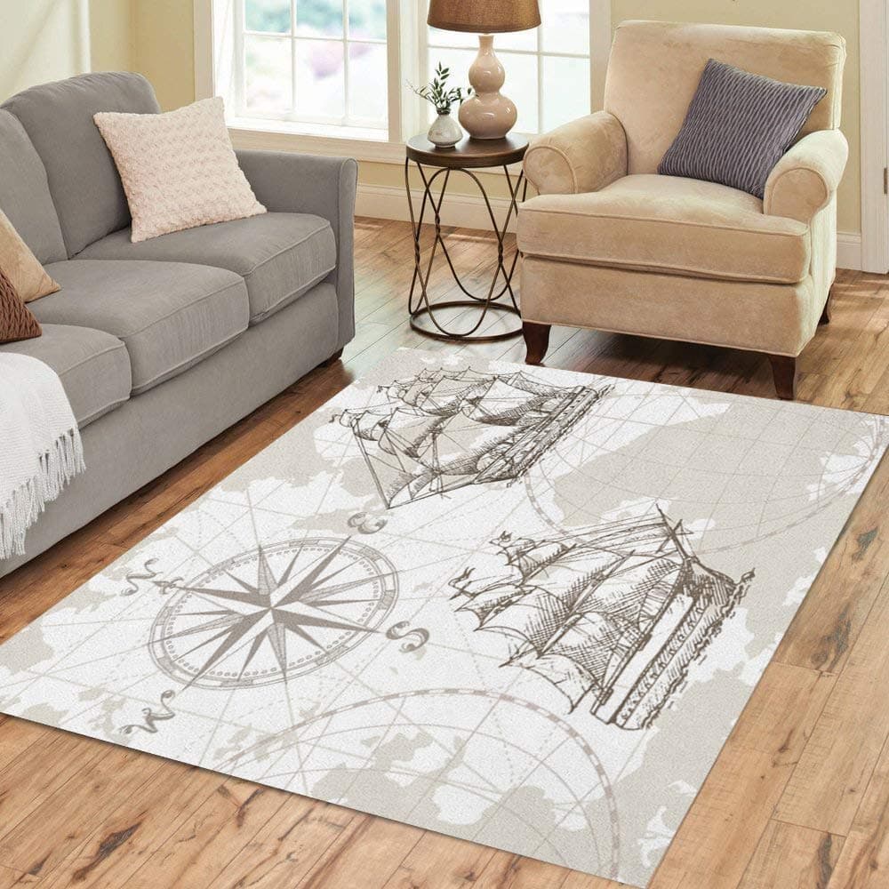 Pinbeam Area Rug Nautical Sea Map Compass and Sailing Ship Perfect Home Decor Floor Rug 3' x 5' Carpet