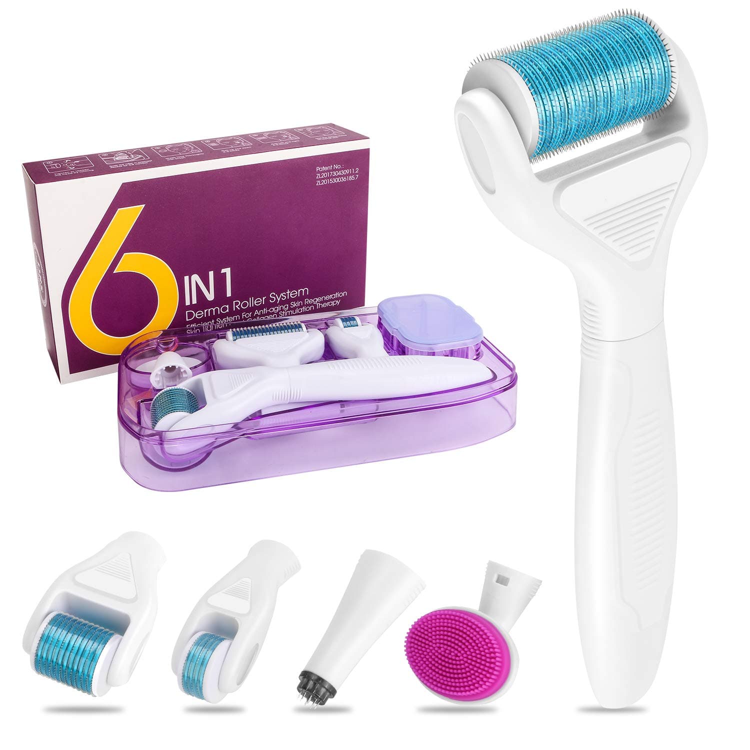Derma Roller,Aiglam Microneedle Dermaroller for Face,6-IN-1 Kit Titanium Roller 0.25/0.5/1mm Micro Needles Silicone Brush and Disinfecting Tray for Skin Regeneration Anti Ageing, Scar Treatment(White)
