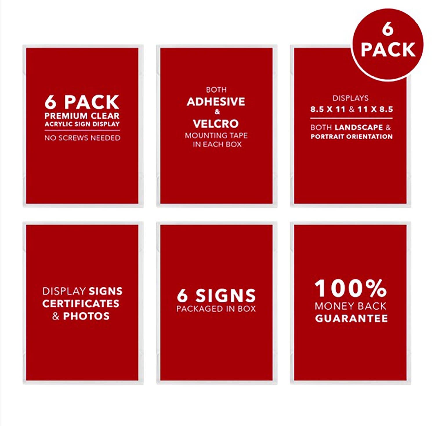 Premium Acrylic Sign Holders Wall Mount Displays with both permanent Adhesive and removable Hook and Loop tape in every Pack No Screws needed (6 pack)