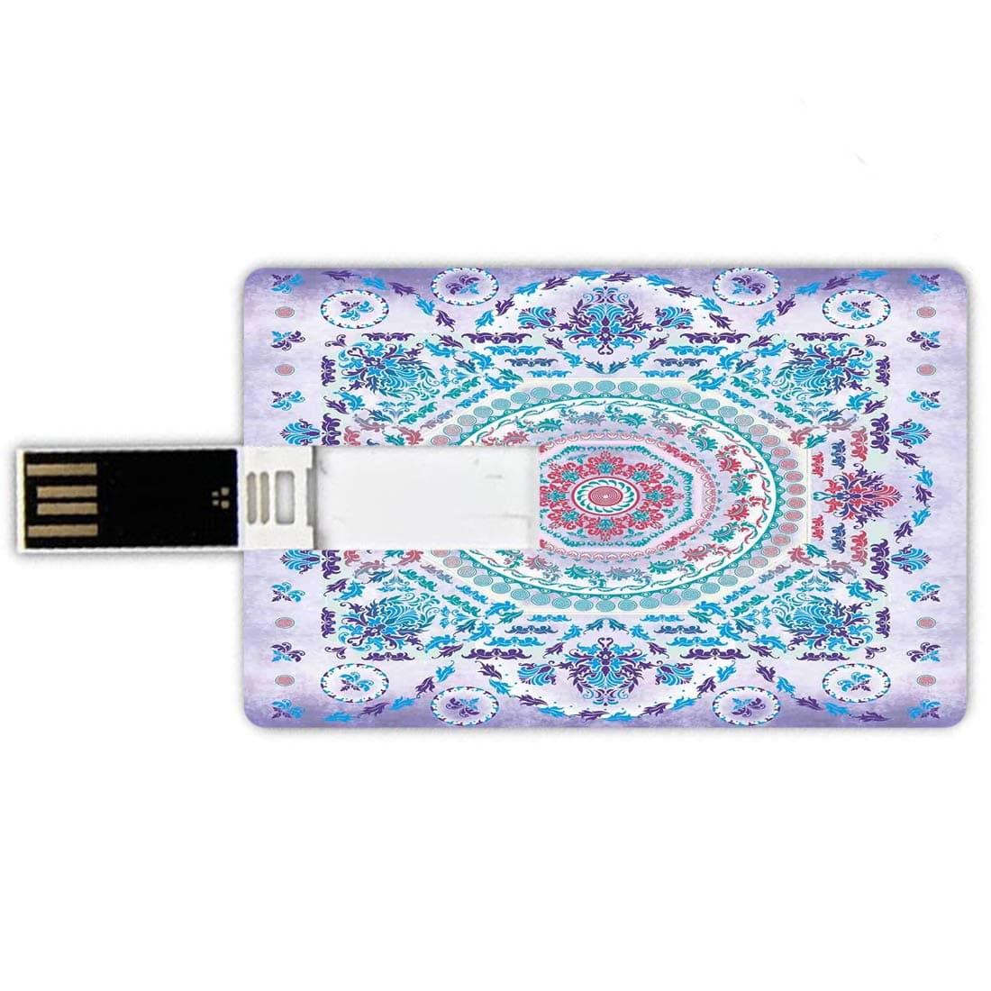 32GB USB Flash Drives Credit Card Shape Mandala Memory Stick Bank Card Style Medallion Design Floral Patterns and Leaves Boho Hippie Style Prints,Turquoise Pink and Purple Waterproof Pen Thumb Lovely