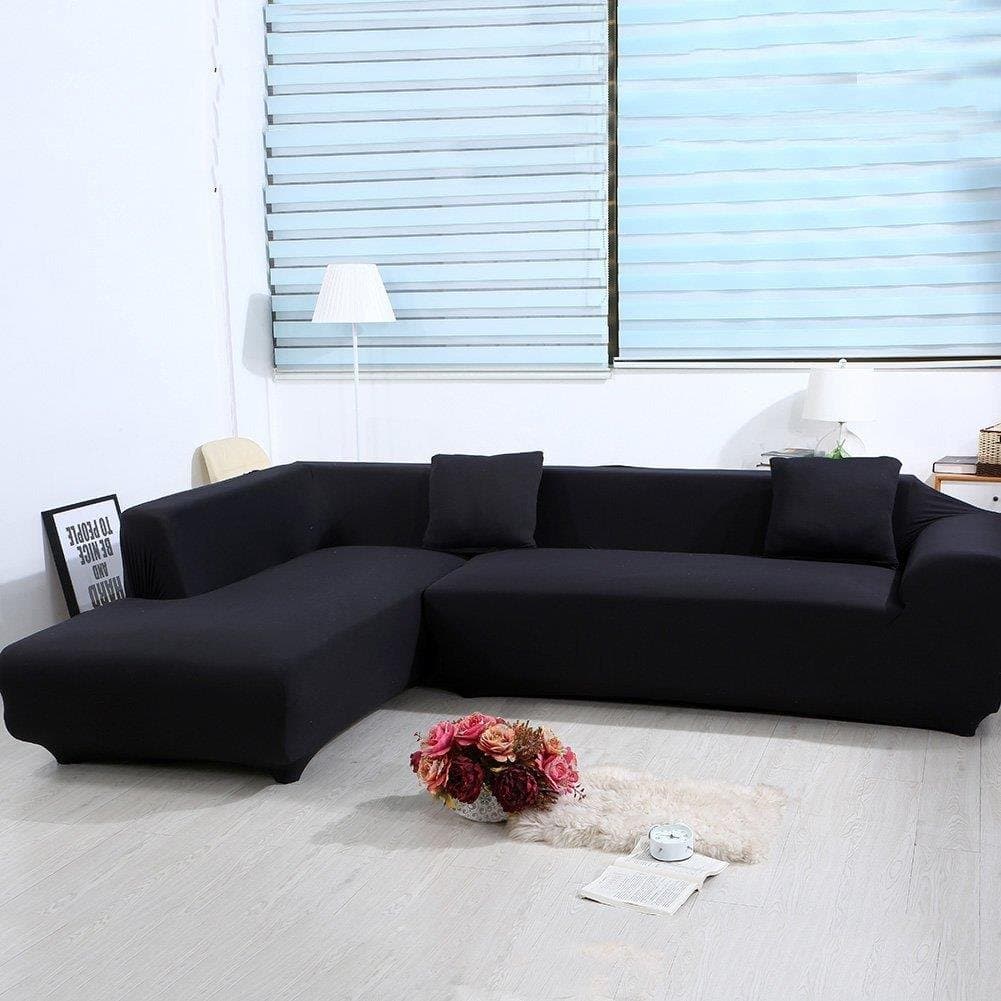 GETMOREBEAUTY L Shape Sofa Covers Sectional Sofa Cover 2 pcs Stretch Sofa Slipcovers for L-shape Couch - Black
