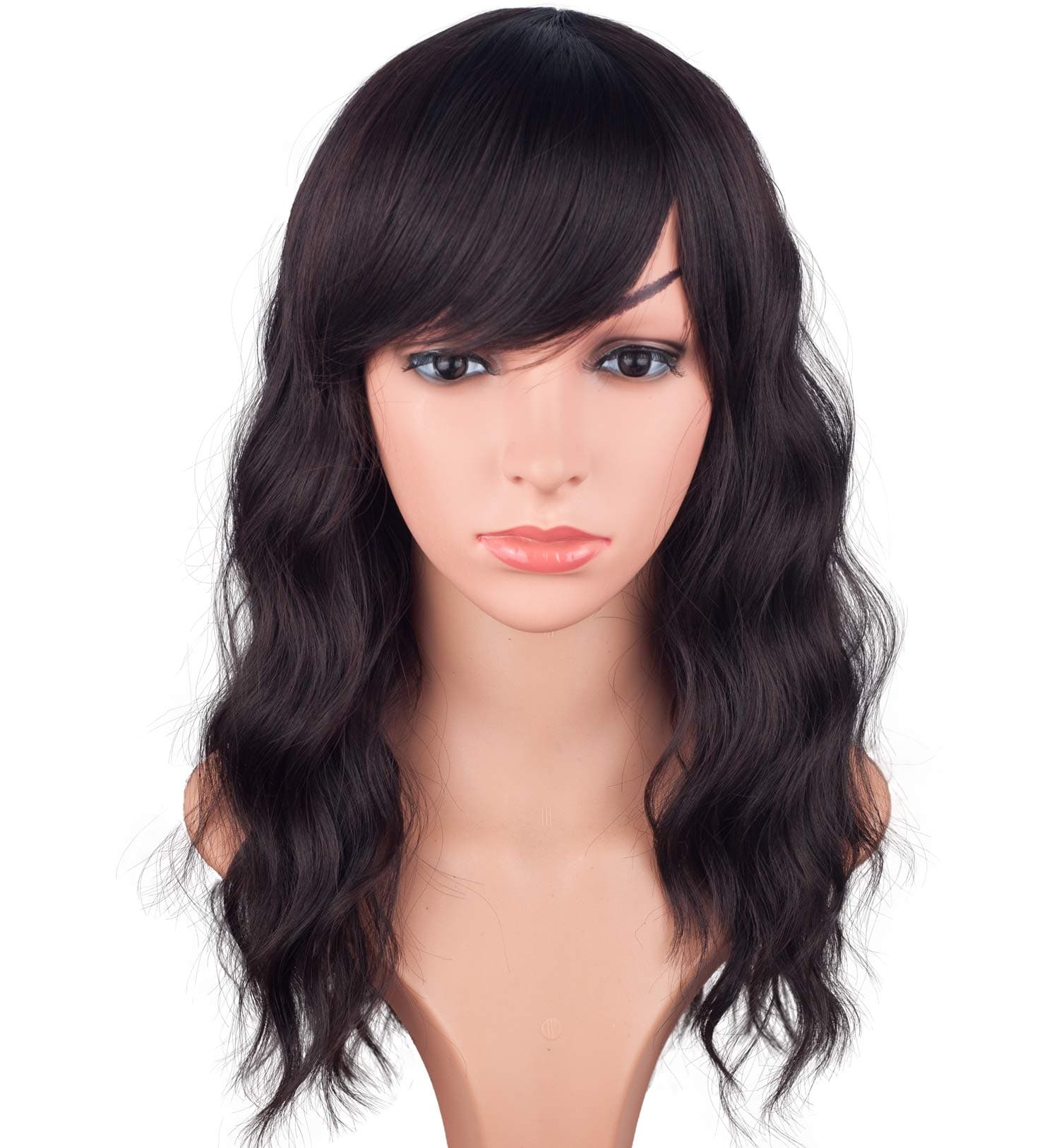 Medium Long Brown Wavy Wigs For Black Women Black Mix Brown Synthetic Wigs With Bangs Natural Looking Curly Hair Wigs Heat Resistant For Daily Use 16 Inches (Black Mix Brown)