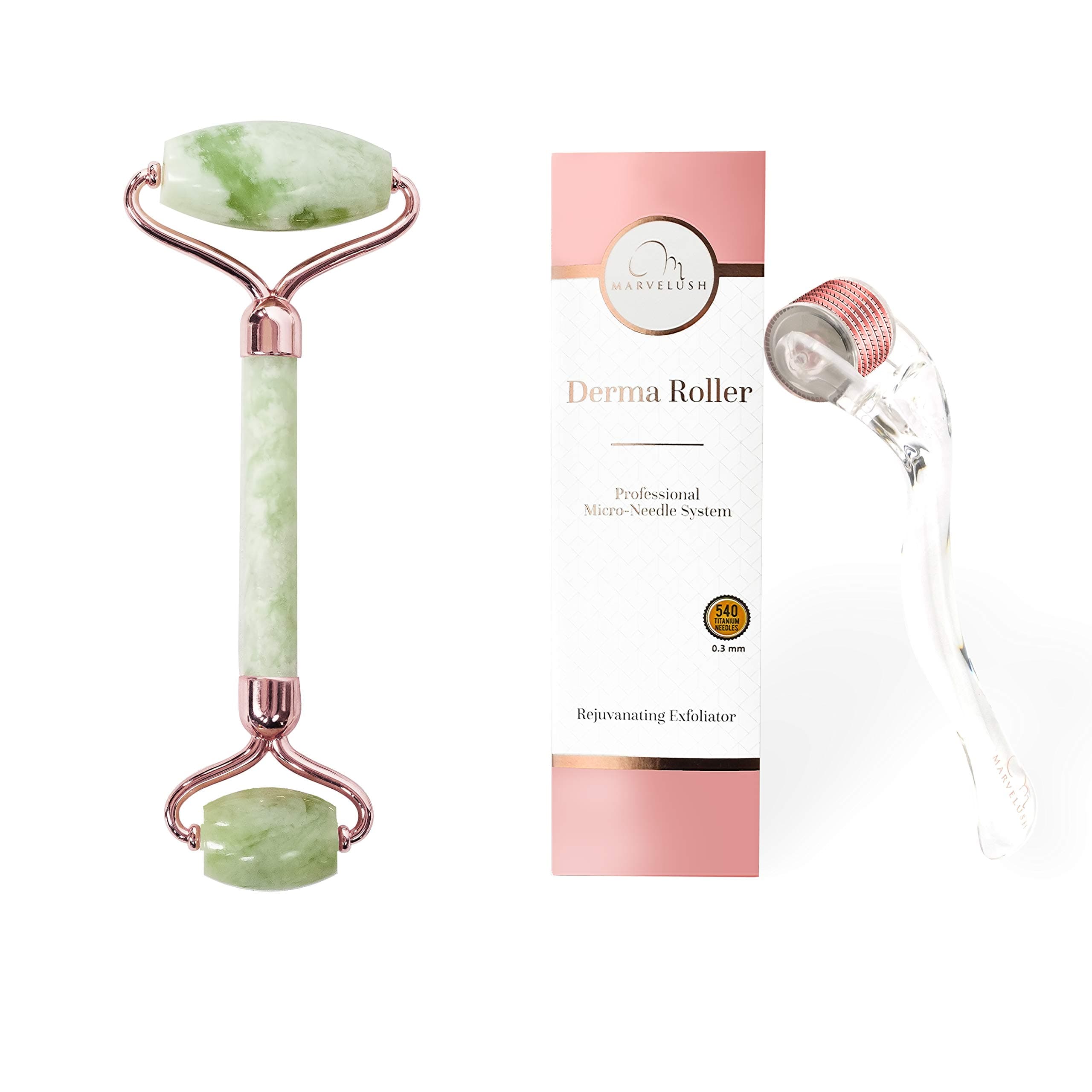 Derma Roller, Jade Roller | 5 in 1 Facial Kit | 540 Titanium Microneedles 0.3mm | Ebook | Disinfectant Cup | Travel Bag | ✨ Marvelush Skincare Bundle ✨
