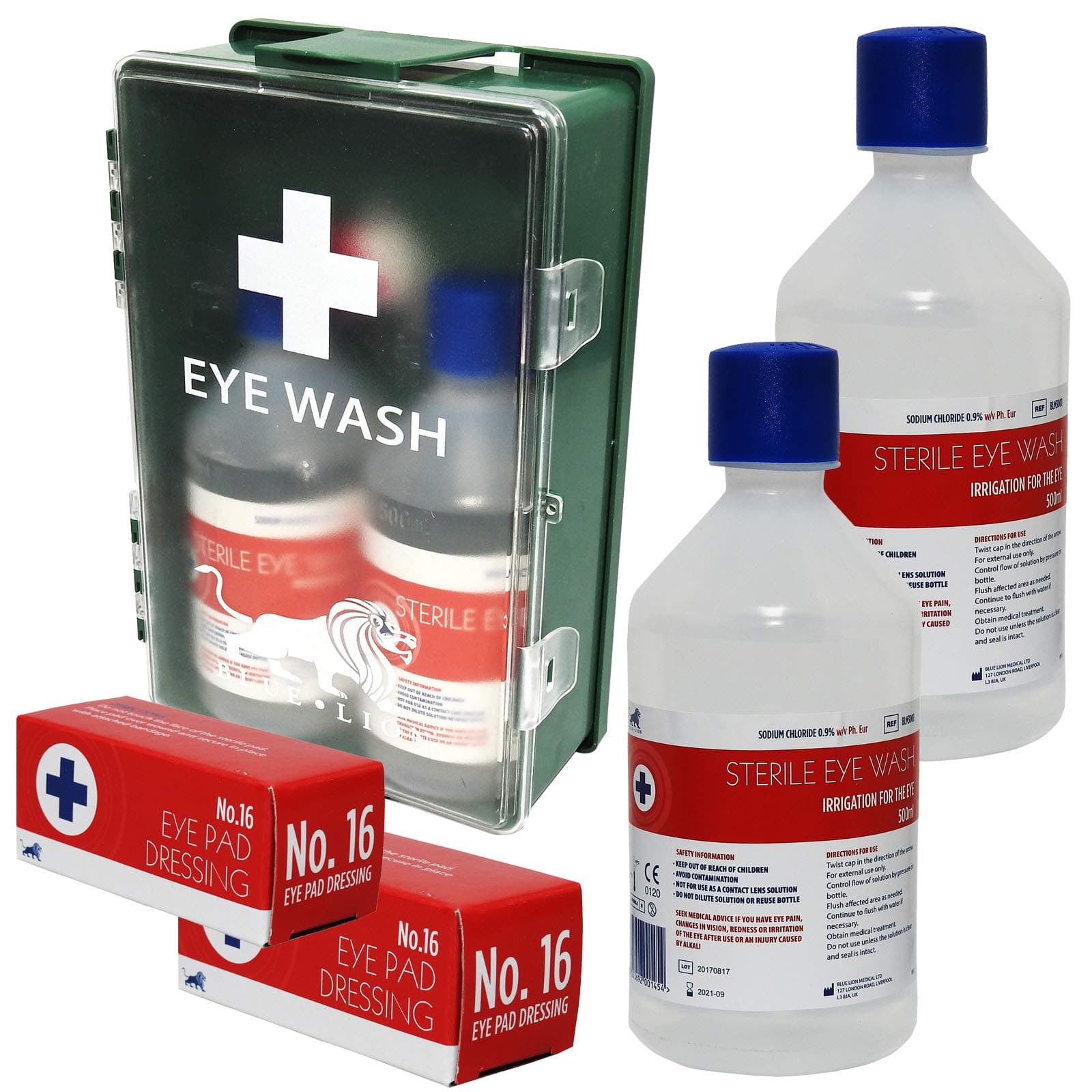 Blue Lion Large Workplace First Aid Eye Wash Care Case Station Wall Mountable Kit + 2 Additional 500ml Bottles + 2 Extra No.16 Eye Pad Dressings