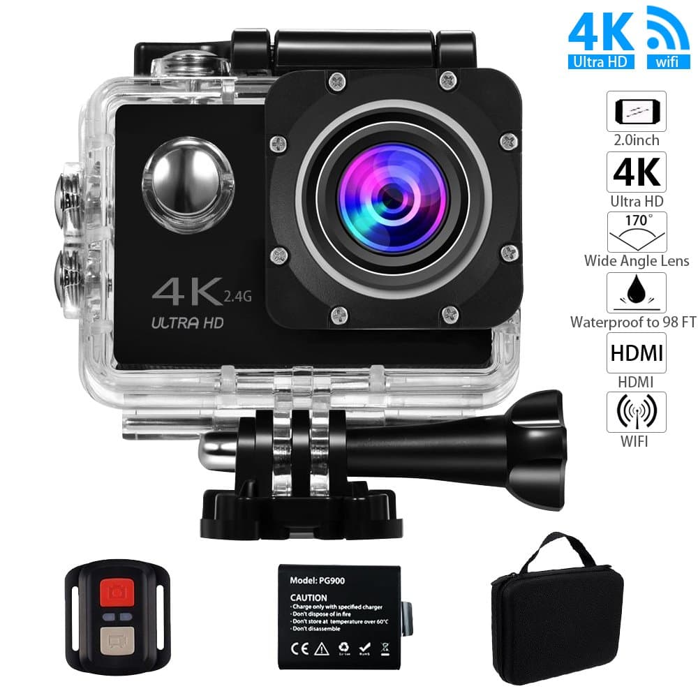 Action Camera, Evaline Action camera 4K WiFi Ultra HD Waterproof Sports Camera 1080P 12MP 2 Inch LCD Screen 170 Degree Wide Angle Sport Video Cam Includes Portable Package and Accessories Kits - Black
