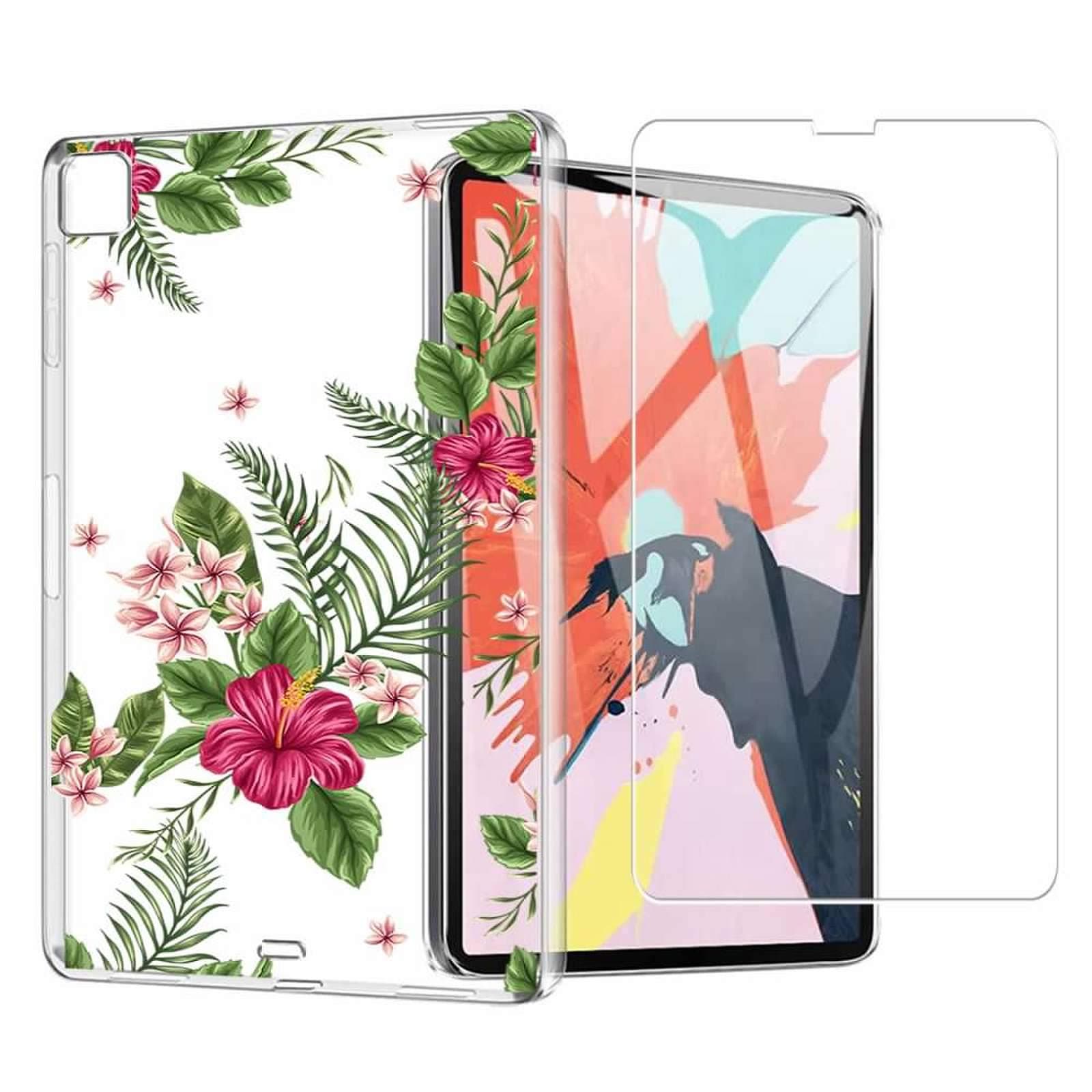 (2 in 1) for iPad Pro 11 2020 & 2018 Case + (2 Pack) Glass Screen Protector Slim Clear Soft TPU Silicone Wireless Charging Phone Case Cover with (Flower 4) Transparent for iPad Pro 11"