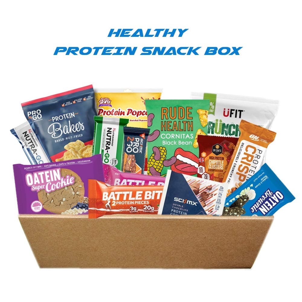 Healthy Protein Snacks Gift Hamper Basket Box For Him / Her ( UFit Crunchers Chips / Novo Protein Bites / Lean Chips / Protein Snax Popcorn / Chocolate Crispies / ON Cake Bites / Buff Bake Protein Sandwich Cookies / Nutramino Cake Bar / Professor Protein Chocolate )
