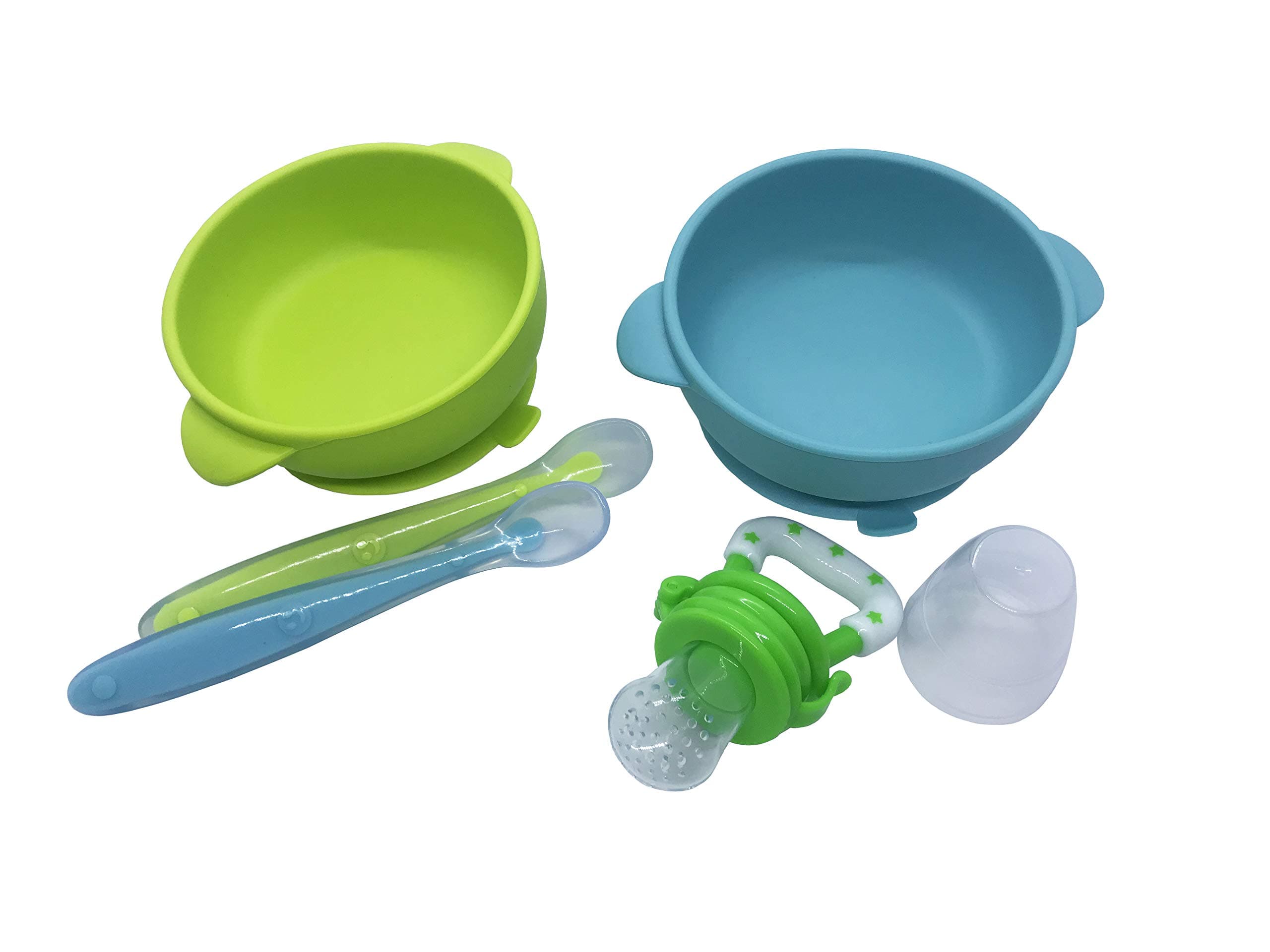 Silicone Baby Bowl Set (5-Piece Set)- Includes 2 Baby Bowls with High Suction Base, 2 Spoons & 1 Food Pacifier for Healthy Teething (Blue-Green)