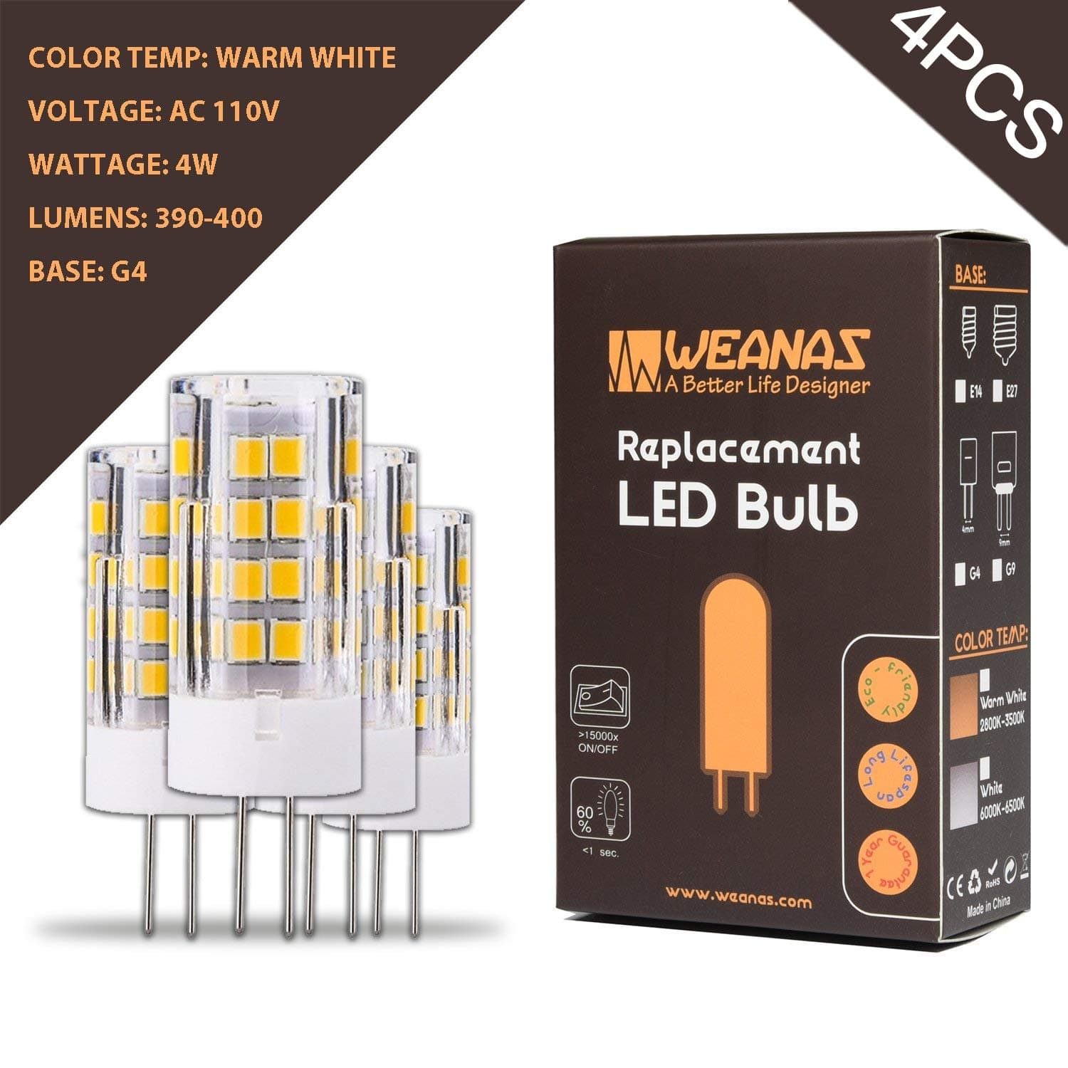 Weanas 4x G4 Base 51 LED Light Bulb Lamp 2835 SMD 4 Watt AC 110V High Voltage Ceramic Base Plastic Shell Undimmable Equivalent to 25W Halogen Track Bulb Replacement 360° Beam Angle (Warm White)