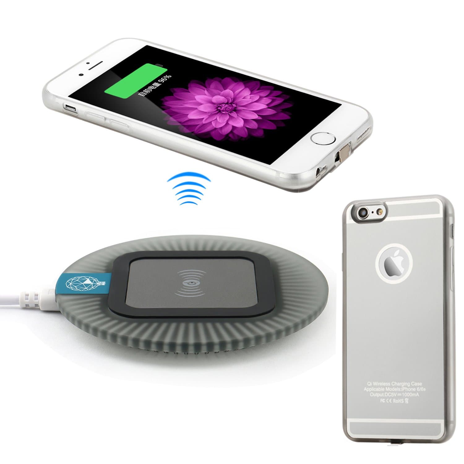 Antye Qi Wireless Charger Kit for iPhone 6 Plus / 6S Plus, Includes Wireless Charging Case and Wireless Charging Pad, Silver/Black