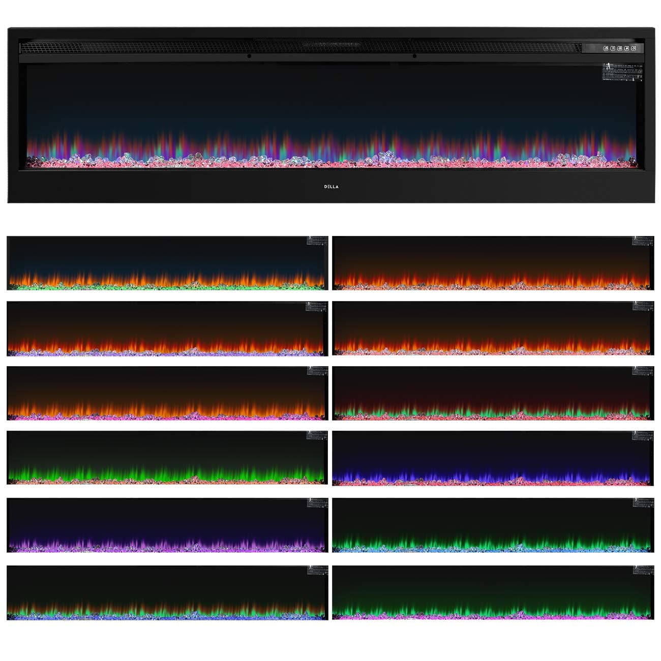 DELLA 58" Electric Fireplace Insert Heater Adjustable Heat Multi Color Flames Timer Remote Control - Black