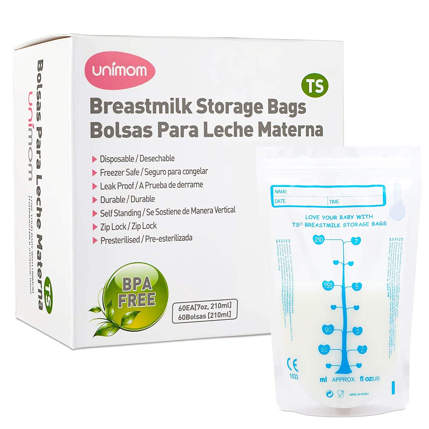 60 Thermal Sensor Breast Milk Bags – Shows when Milk is Frozen, Cold or Hot - Self Standing, Zip Top, Leak Proof, Freezer Safe – Pre Sterilized - BPA Free – 7oz – by Unimom