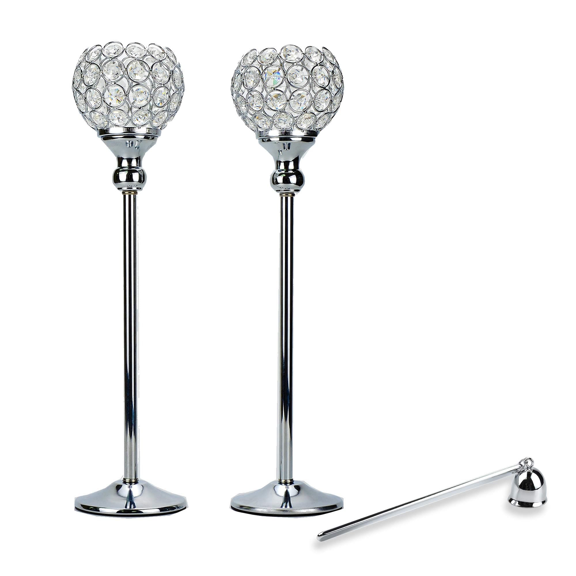 2PCS Crystal Candle Holders Tea Light Holder Set with Snuffer Bling Dining Table Centrepiece for Wedding Anniversary Birthday & Party Decoration (Silver, 17")
