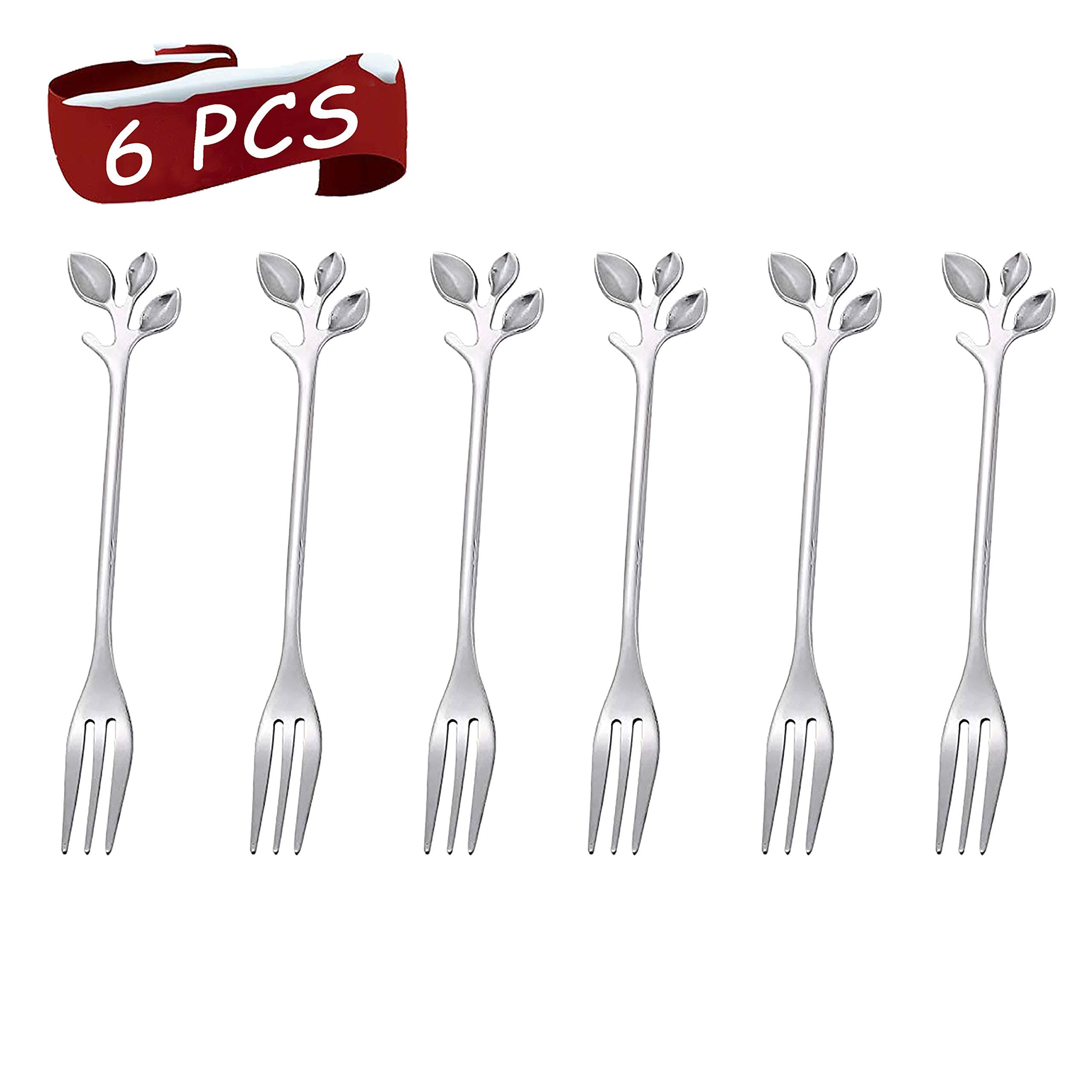 Comicfs 8 Pcs Appetizer Cake Fruit Forks Set, 4.7 Inches Silver Leaf Cocktail Picks Tasting Dessert Forks Kitchen Accessory Wedding Party (8 Forks, Silver)